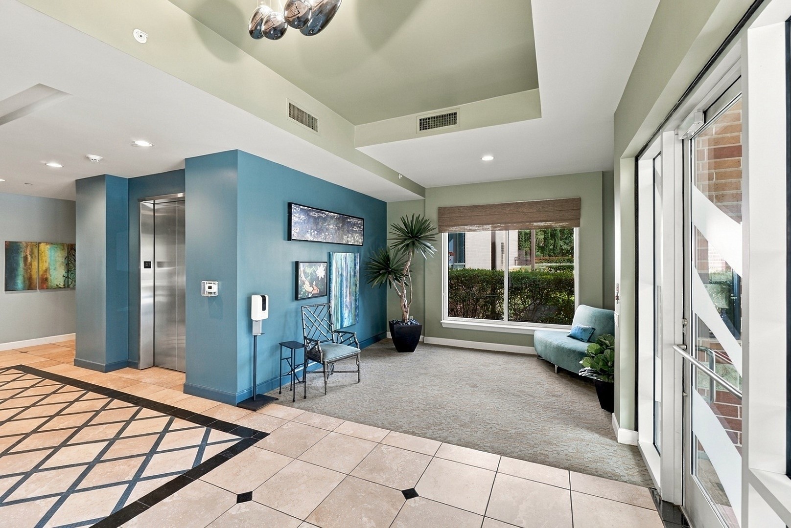 A beautifully designed lobby offering comfortable seating and a welcoming atmosphere for residents and guests.