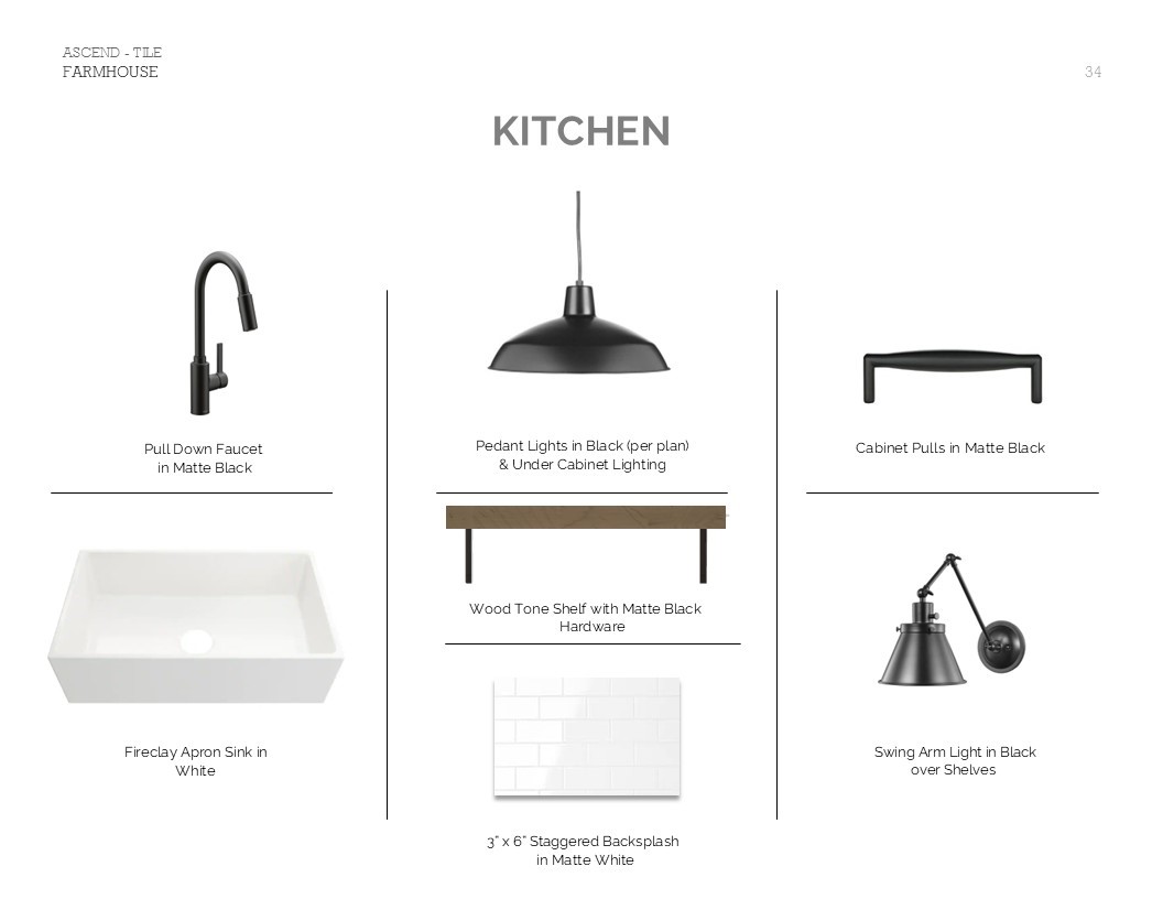 Farmhouse Look Palette 4: Kitchen Selection Sheet (*Artist rendering used for illustration purposes only.)