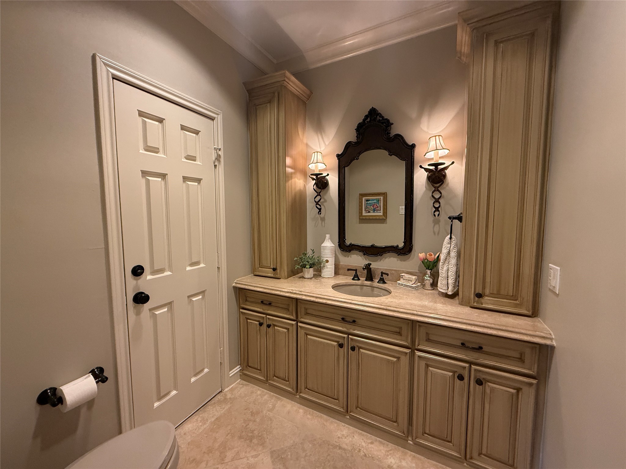 Powder bath opens to the pool area.
