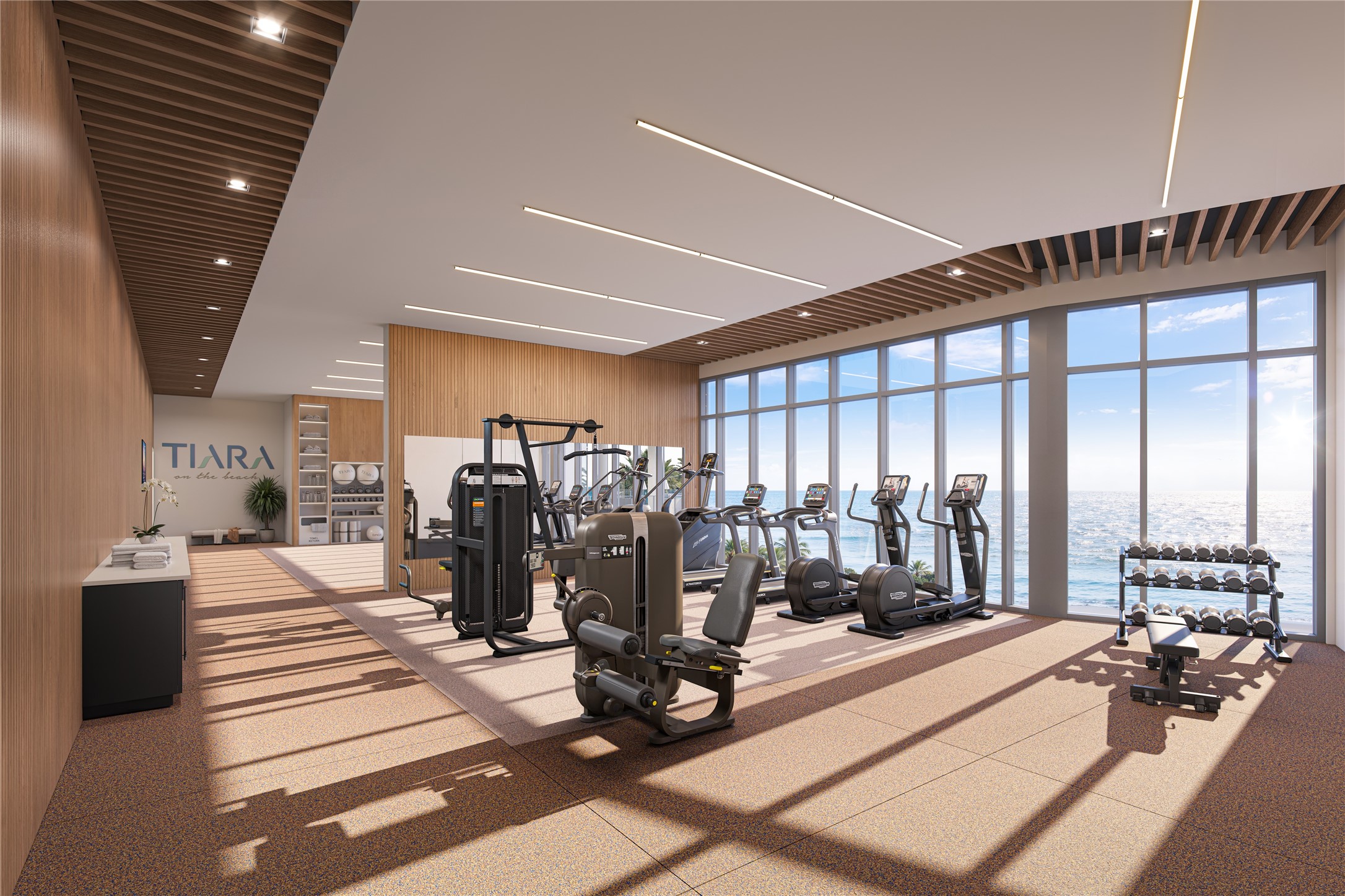 Stay active while taking in panoramic Gulf views from the resort-style fitness center and yoga studio. Stay active while taking in panoramic Gulf views from the resort-style fitness center and yoga studio.