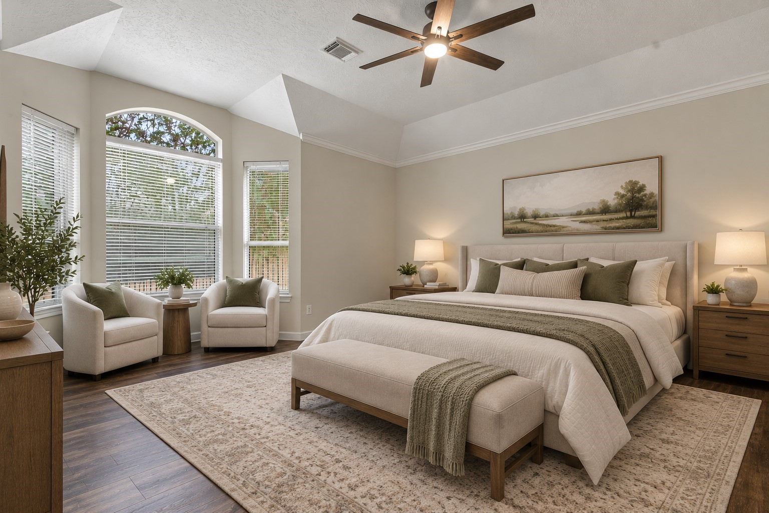 Secluded primary bedroom with a private en suite. (Virtually Staged)
