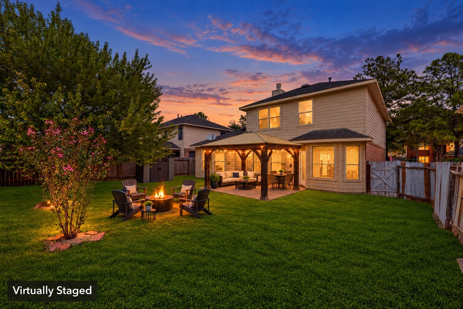 Virtually staged patio furniture, fire pit and string lights show an outdoor living layout. Grass enhanced due to seasonality; see natural-lawn view.