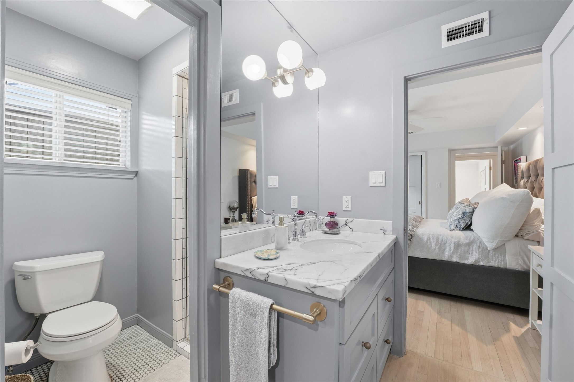 Primary bath, vanity, closet and laundry are all together - accessible only through the primary bedroom.
