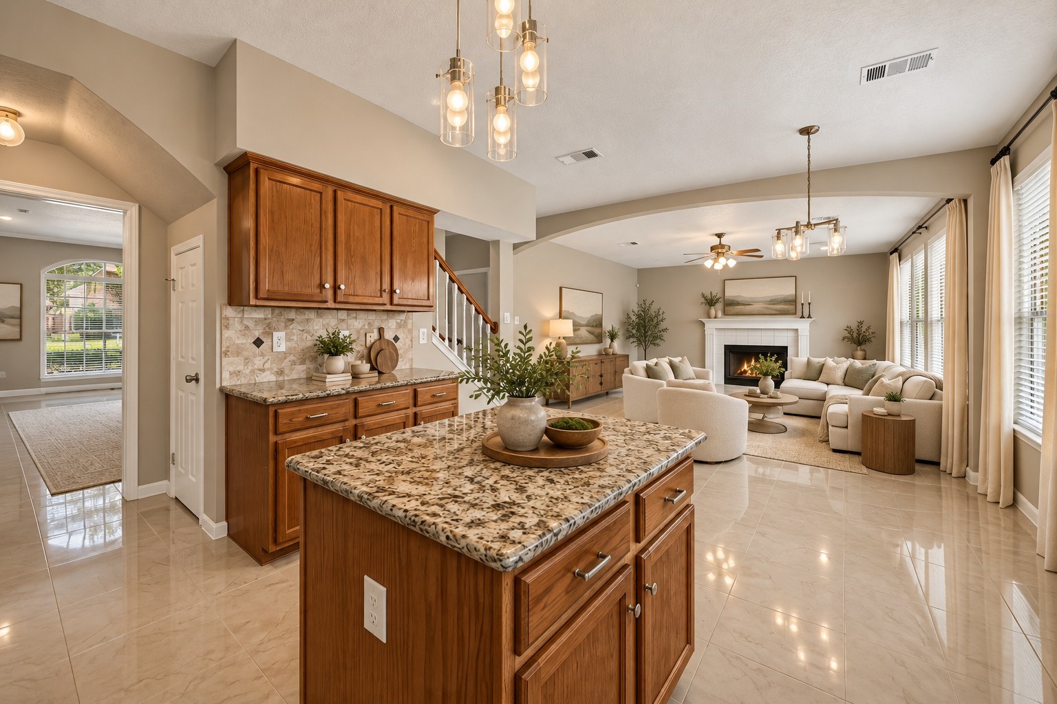 Kitchen & Living Area  Open Concept - 
Beautifully designed open-concept living showcases high ceilings, elegant archways, gleaming tile flooring and a spacious kitchen that flows effortlessly into the inviting living area with a fireplace.