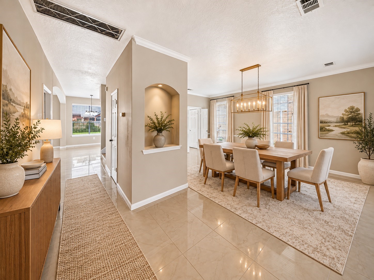 Formal Dining Room & Hallway - 
Beautifully appointed dining space highlights an open, airy layout with decorative architectural niches, crown molding, expansive windows and seamless flow to the home's additional living areas.