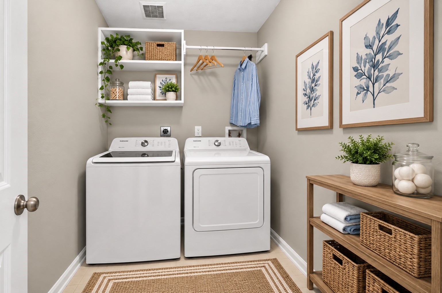 Laundry Room: Dedicated indoor laundry space features convenient shelving, a hanging rod and room for full-size appliances, offering functionality and organized storage.
