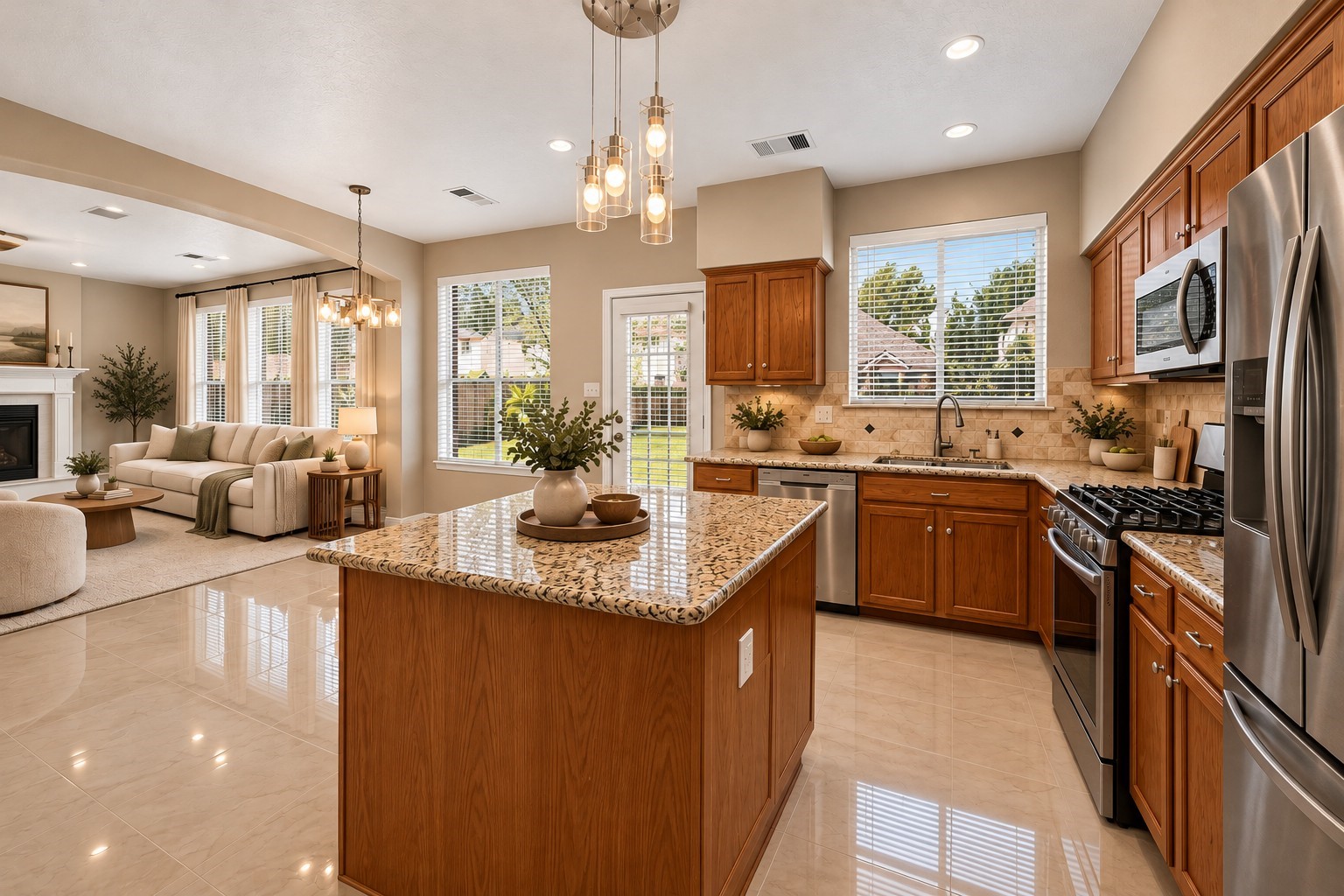 Kitchen  Open Living Concept - 
Bright, inviting kitchen highlighted by abundant natural light, a granite-topped island and stainless steel appliances, seamlessly connecting to the living area for effortless everyday living and entertaining.