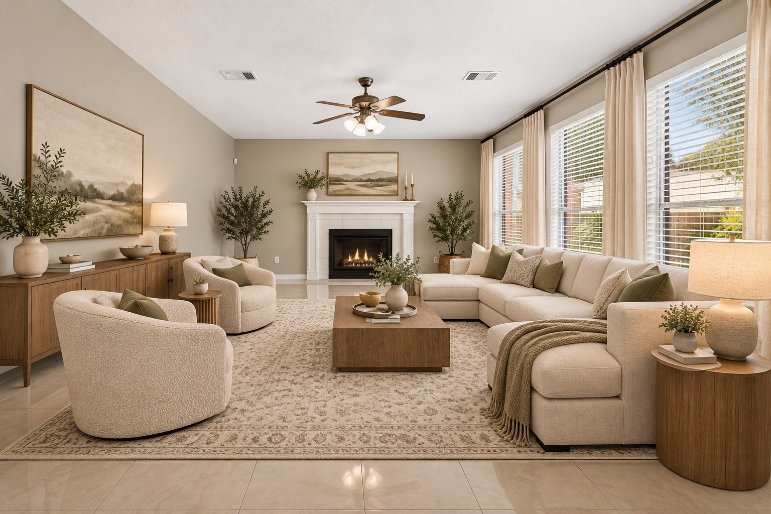 Living Room  Fireplace View - 
Spacious living area featuring a beautiful fireplace, large windows bringing in abundant natural light and elegant tile flooring, creating a welcoming setting for relaxing or entertaining.