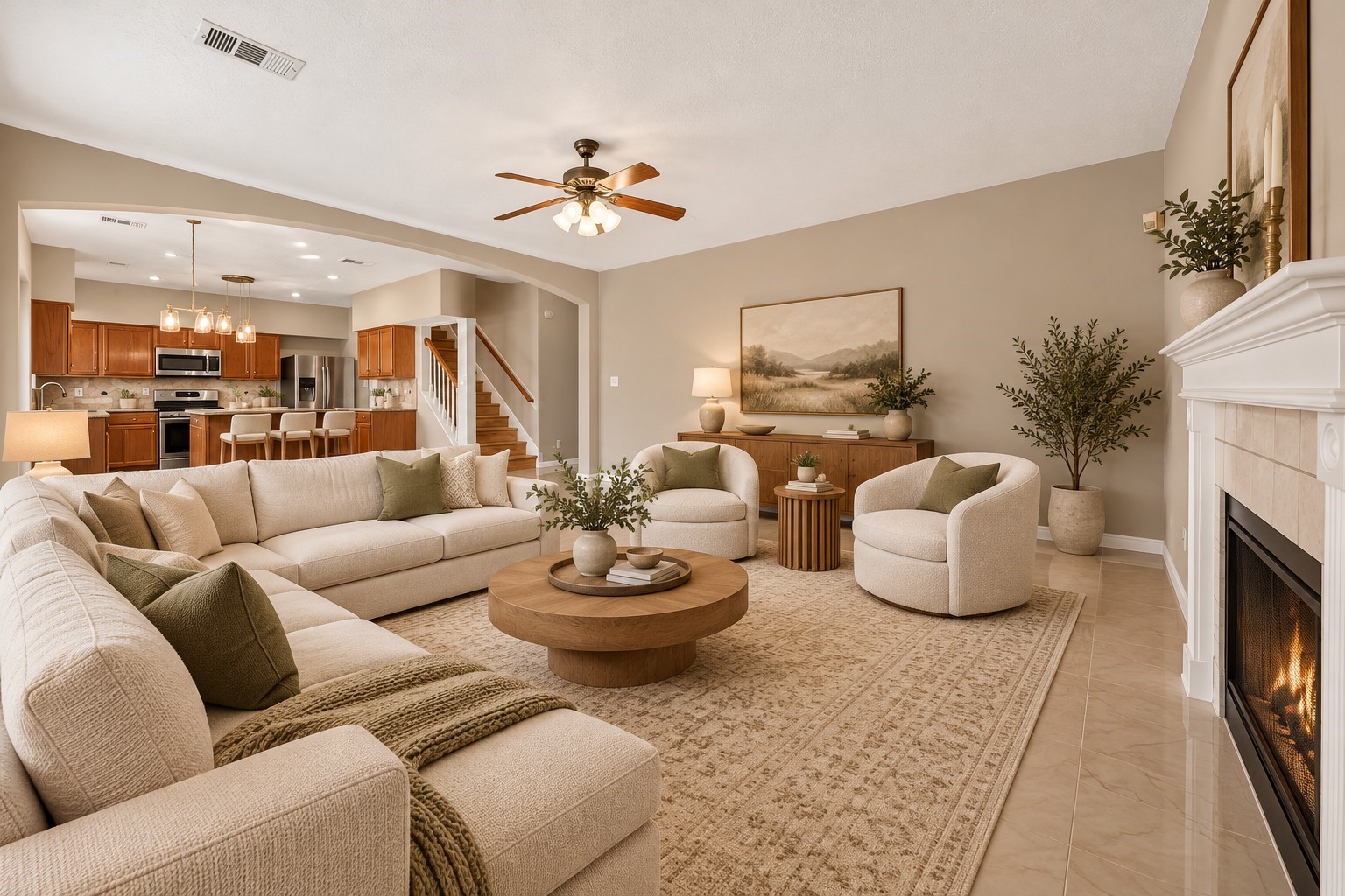 Living Room  Open Floor Plan - 
Expansive living area with a cozy fireplace, high ceilings and a beautiful arched opening connecting directly to the kitchen, offering an inviting layout designed for comfortable living and entertaining.