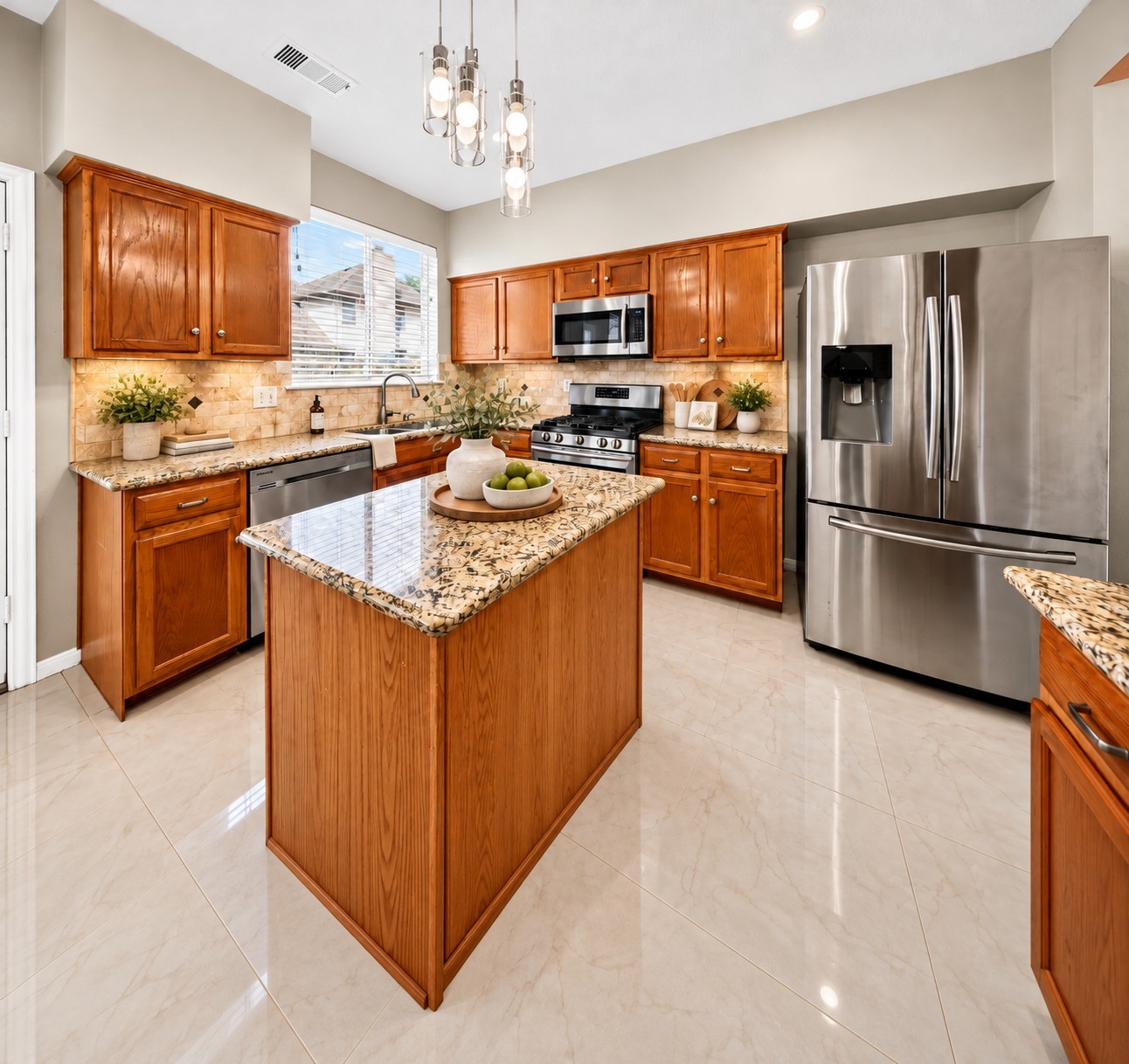 Kitchen  Alternate View - 
Beautifully appointed kitchen showcases granite countertops, warm wood cabinetry, stainless steel appliances, a gas range and an inviting center island, complemented by modern pendant lighting.