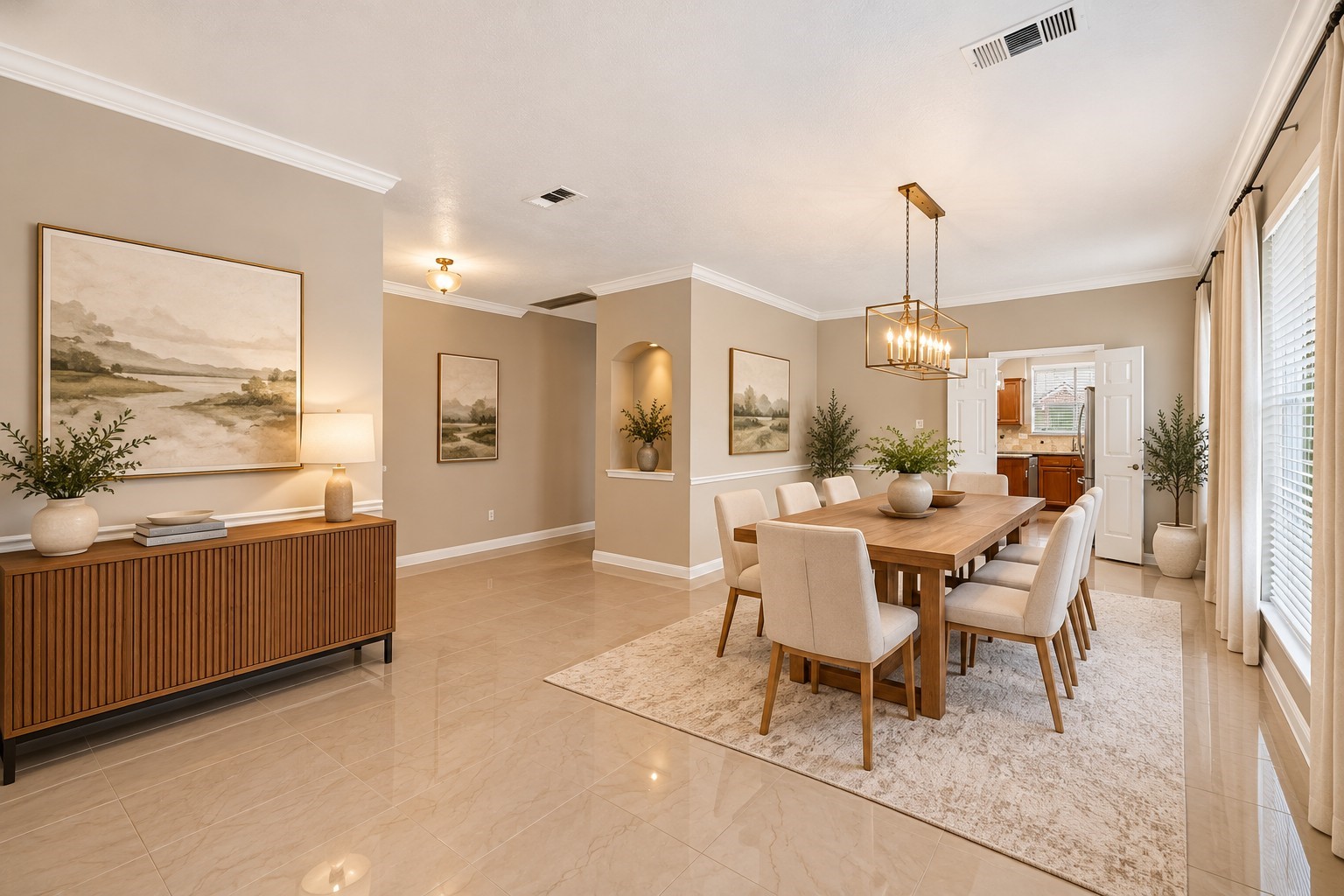 ormal Dining Room  Alternate View - 
Spacious dining area featuring abundant natural light, elegant architectural details and gleaming tile flooring, offering a sophisticated setting for gatherings with convenient access to adjoining living spaces.