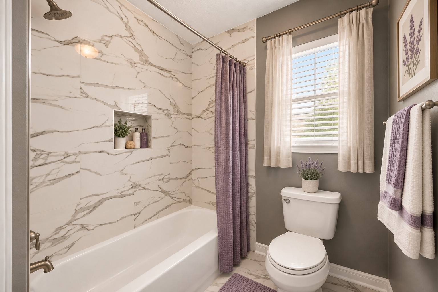 Secondary Bathroom: Beautifully refreshed bathroom featuring a tub and shower combination, elegant marble-look tile surround, recessed storage niche and natural light.