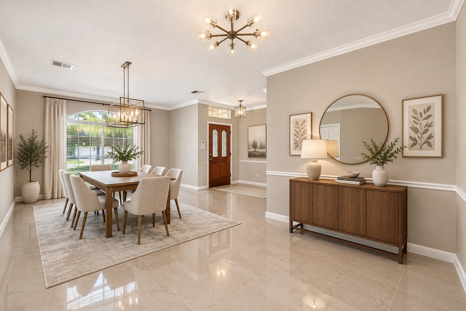 Formal Dining Room & Entryway - 
Elegant formal dining room showcases beautiful tile flooring, crown molding, stylish lighting and a large arched window that fills the space with natural light, creating an inviting setting for entertaining.