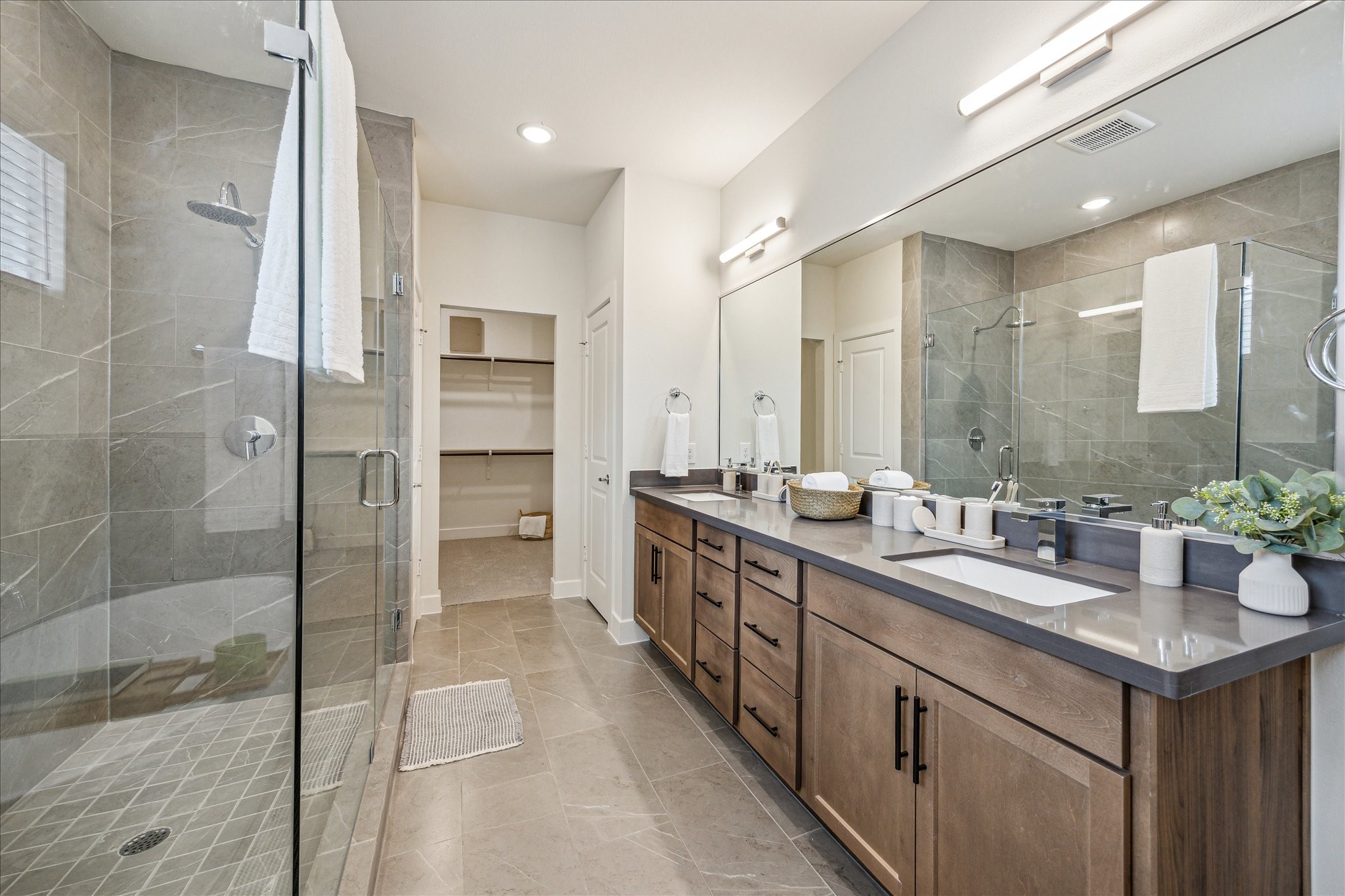 Representative photo showing the communitys model home primary bathroom. Layout and selections may vary.
