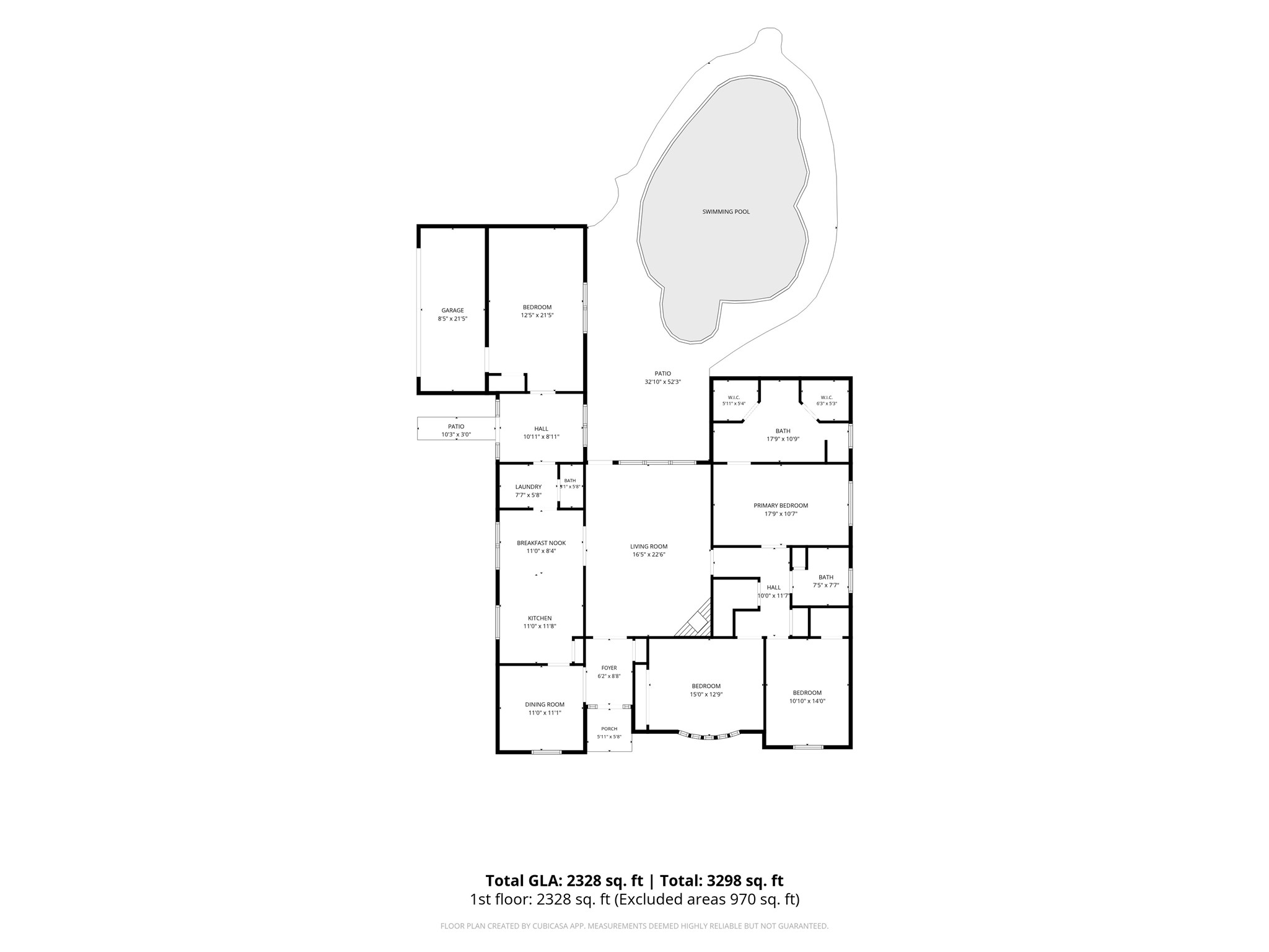 Spacious single-story home featuring a total of 2,328 sq. ft. of living space, with a beautiful swimming pool, three bedrooms, two bathrooms, and a generous living area perfect for entertaining.