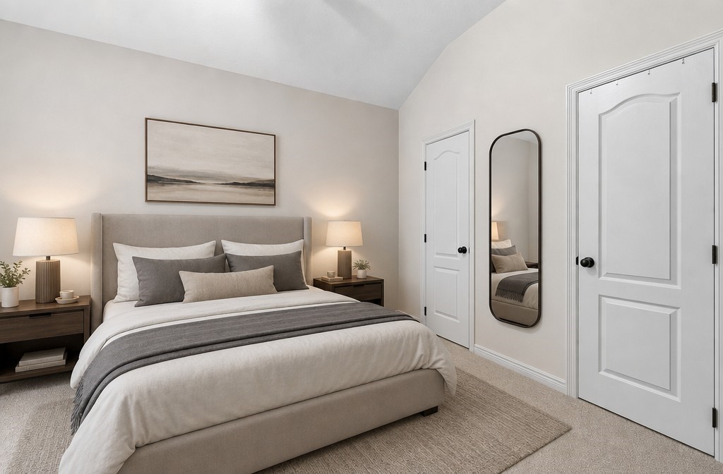 Elegant bedroom featuring a cozy bed with neutral tones, complemented by modern nightstands and ambient lighting.