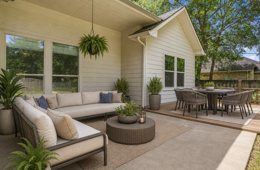Charming outdoor patio featuring a cozy seating area with plush cushions, a modern dining set, and lush greenery, perfect for entertaining or relaxing in a serene backyard setting.