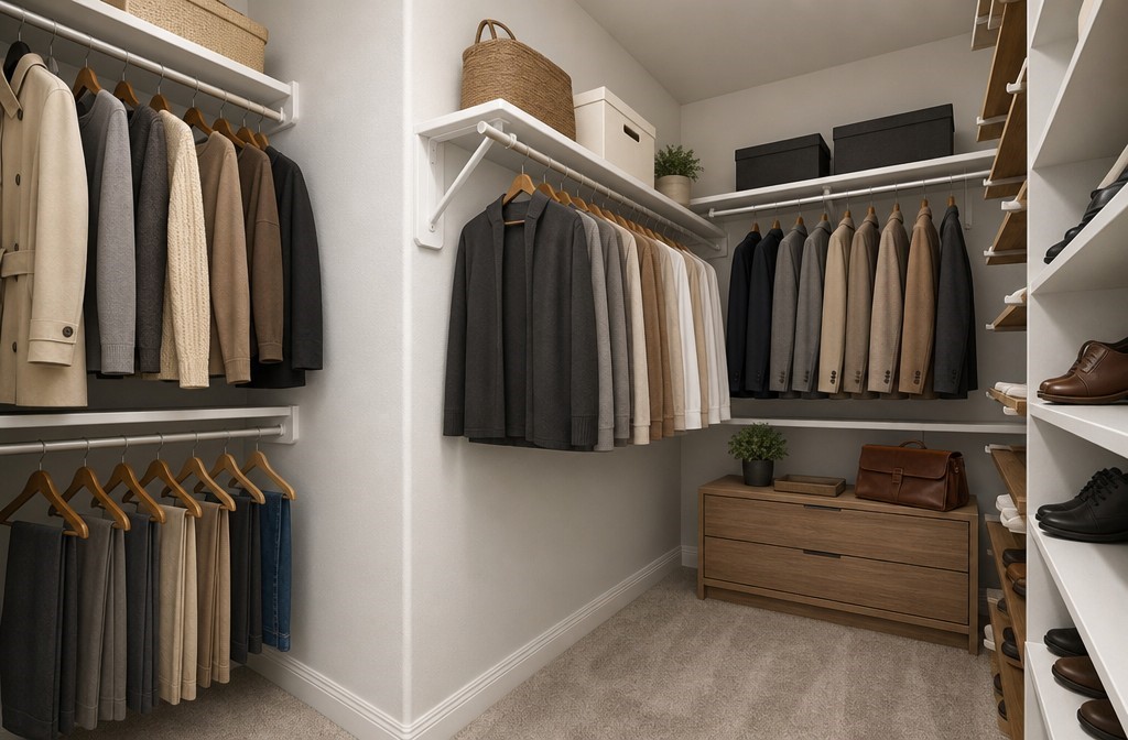 Spacious walk-in closet with ample hanging space, shelving, and a wooden dresser, perfect for organized living.