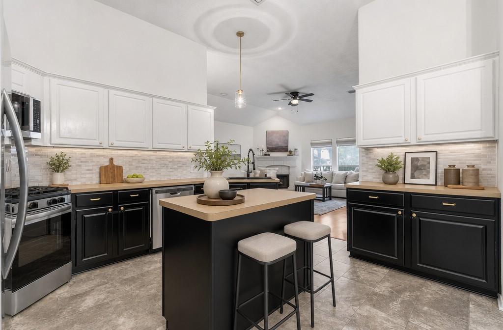 Elegant kitchen featuring a sleek two-tone design with black and white cabinetry, a central island with seating, and modern stainless steel appliances.