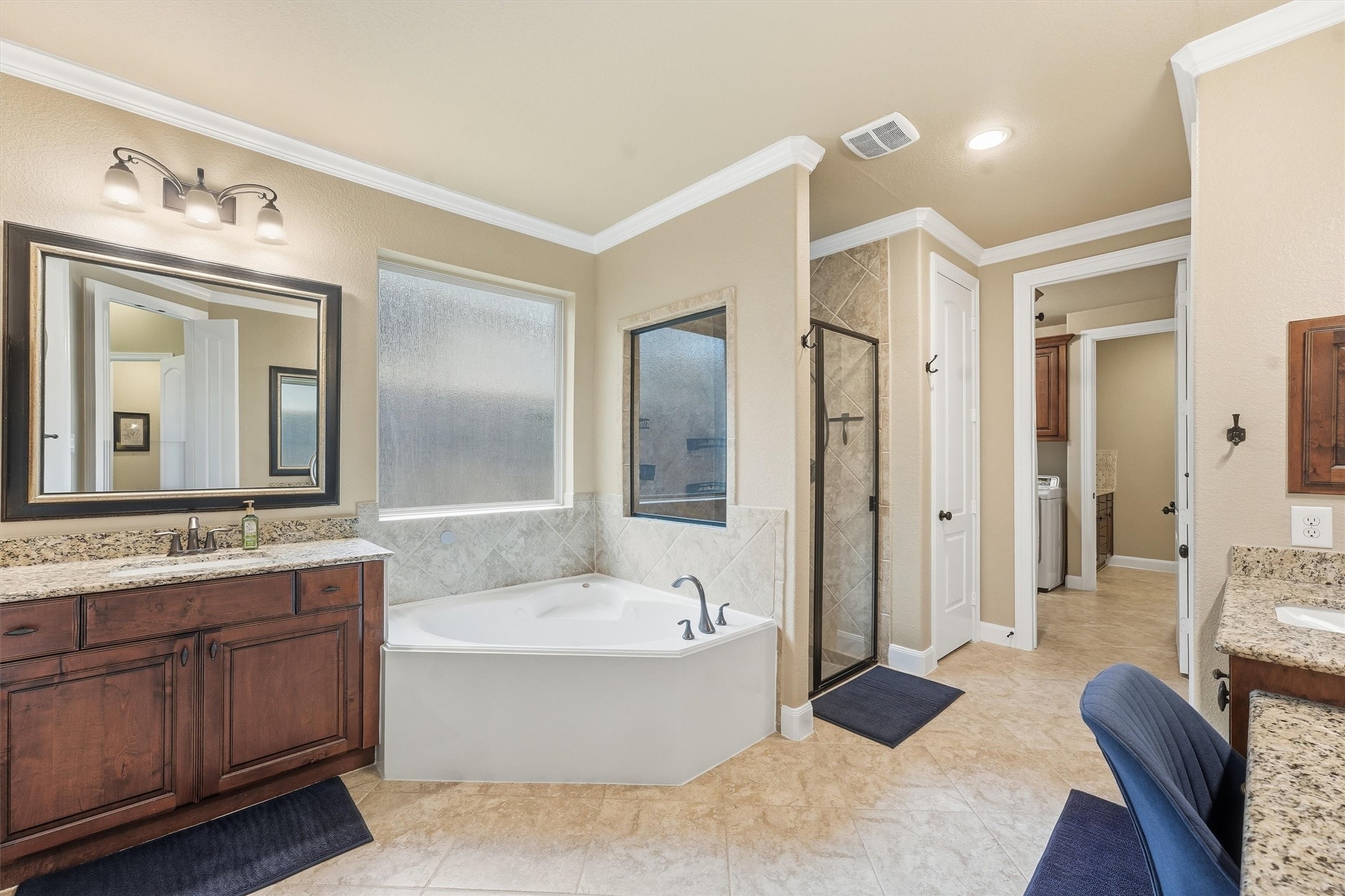 Spa-inspired primary bath with soaking tub.