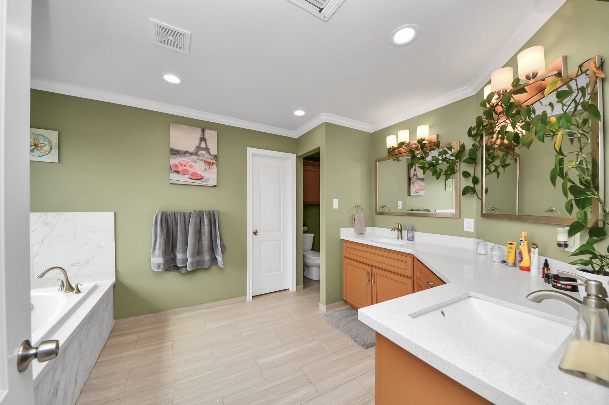 Primary bathroom with a long vanity and a separate tub area.