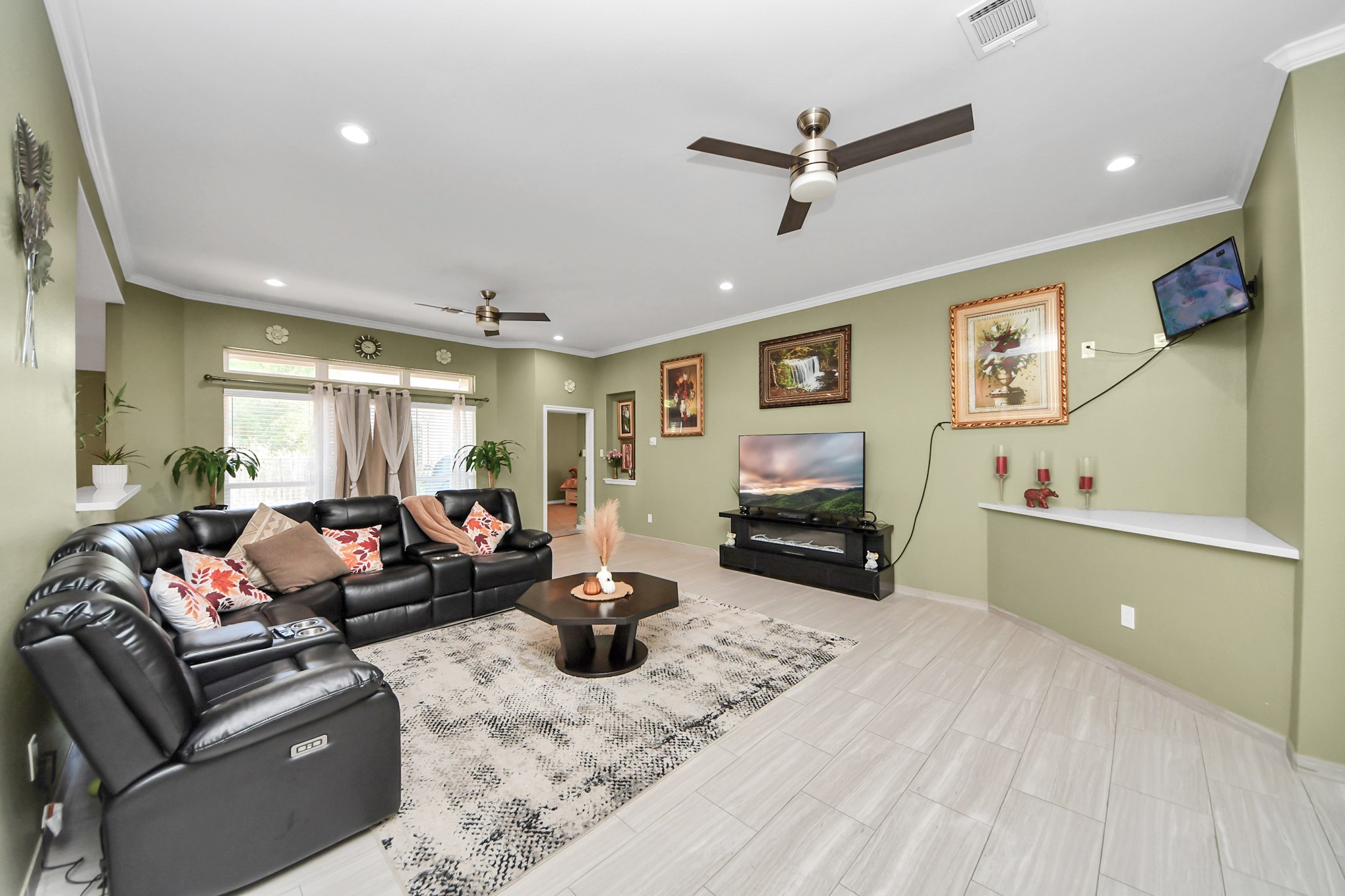 Natural light brightens the living room and its open layout.