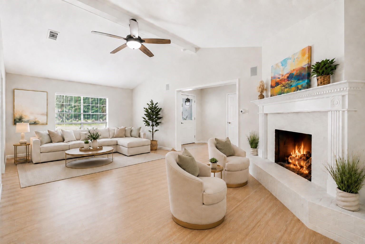 Here is an example of how the sellers had their living area set up using virtual staging. Use this as inspiration and measure all spaces if the size is important to you.