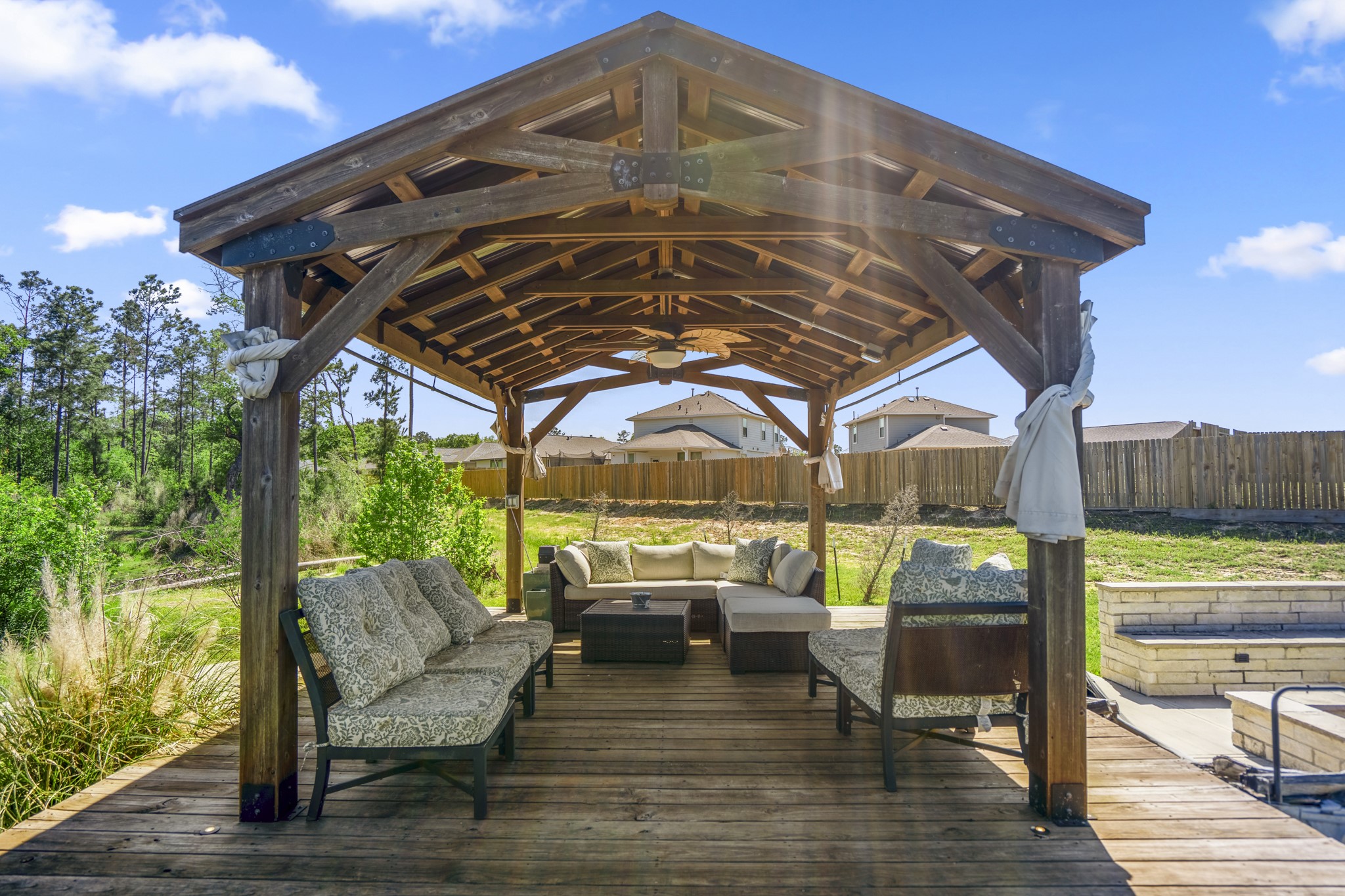 Pond with seating area and dock