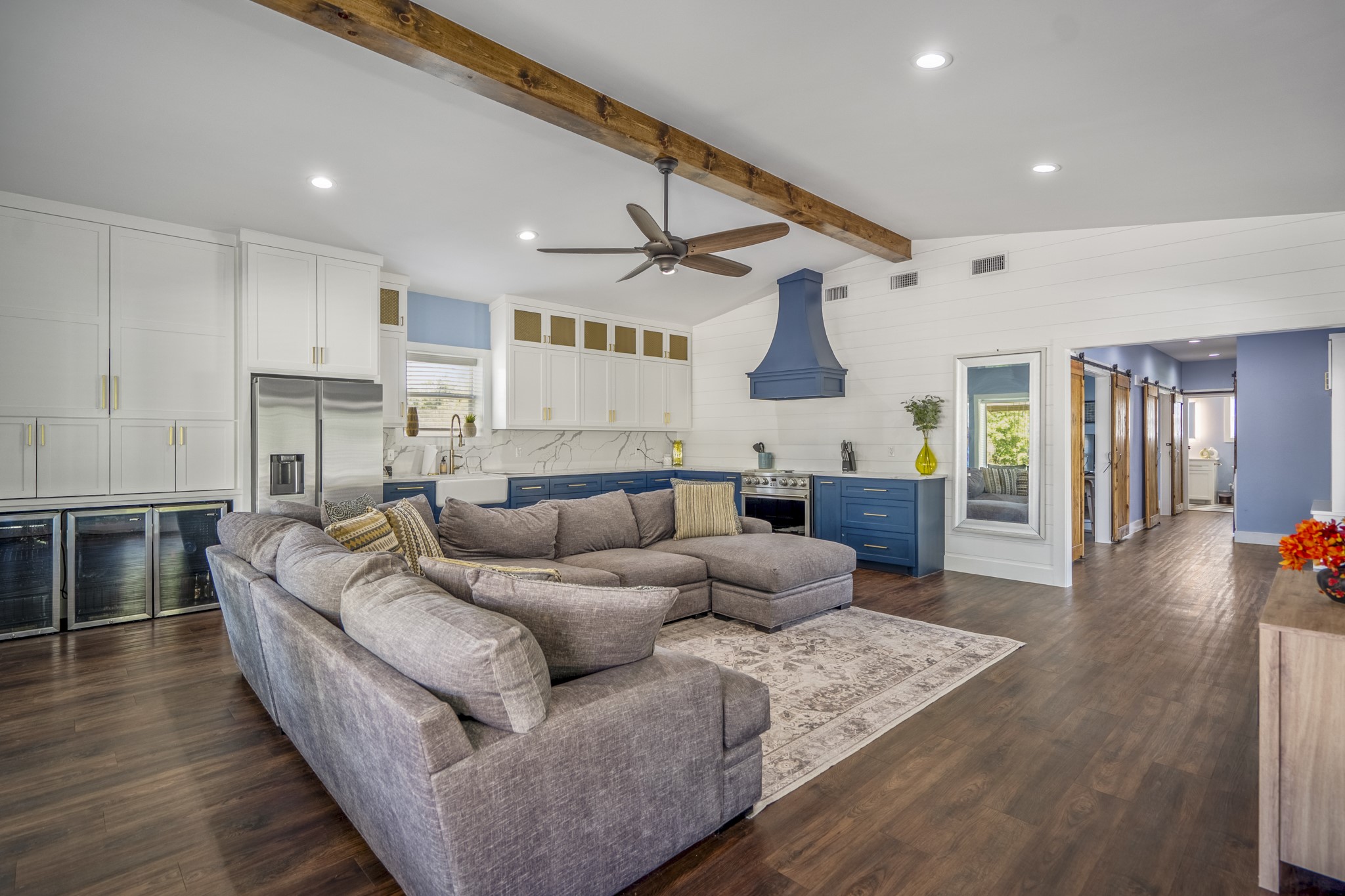 Open plan guest house living room and
kitchen