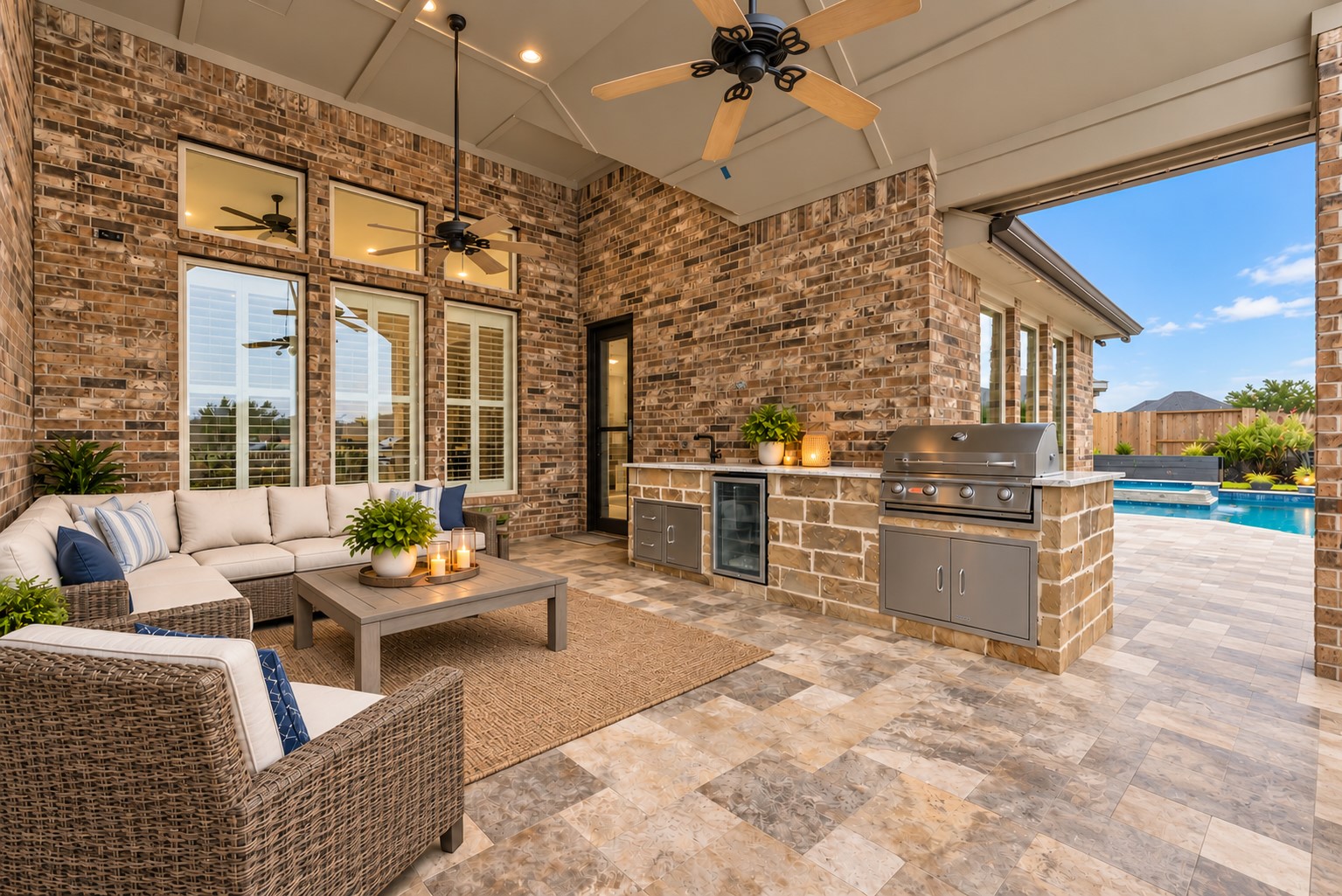 Your backyard paradise features a resort-style pool, spa, cedar pergola, covered patio, expansive travertine decking, and outdoor kitchen designed for entertaining!