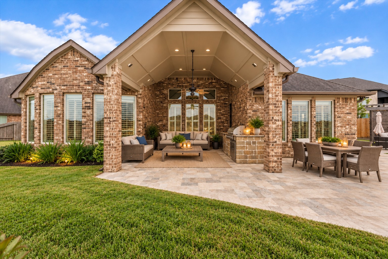 Your backyard paradise features a resort-style pool, spa, cedar pergola, covered patio, expansive travertine decking, and outdoor kitchen designed for entertaining!