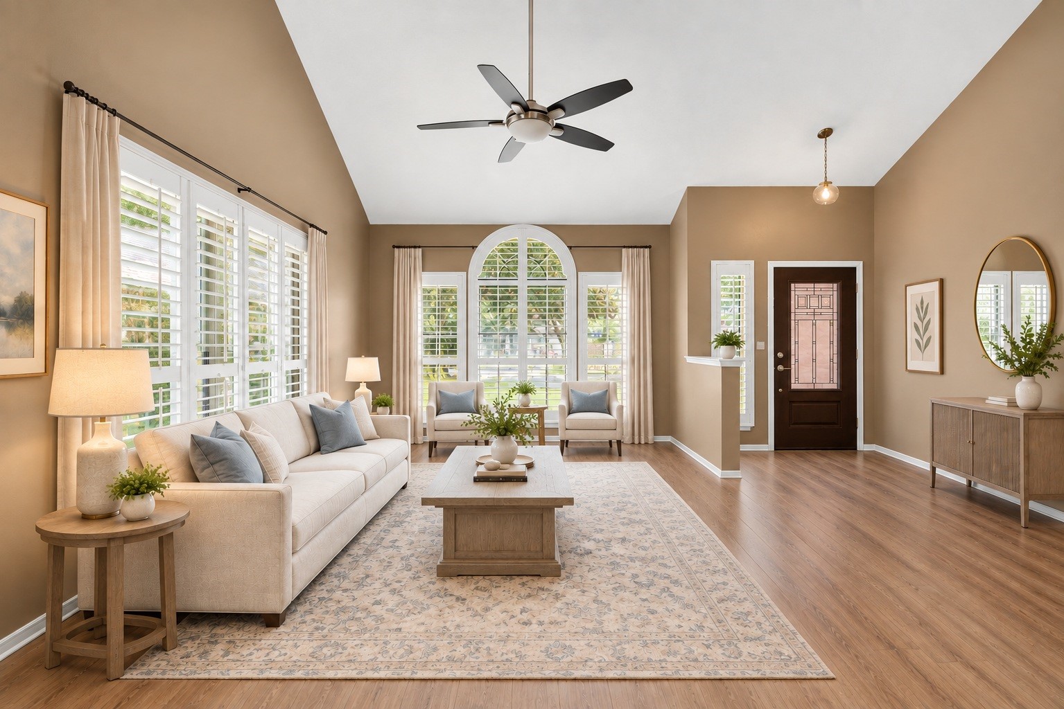 Step through the front door into a spacious, light-filled foyer with stylish vinyl flooring that immediately sets a warm and inviting tone. (virtual staged)