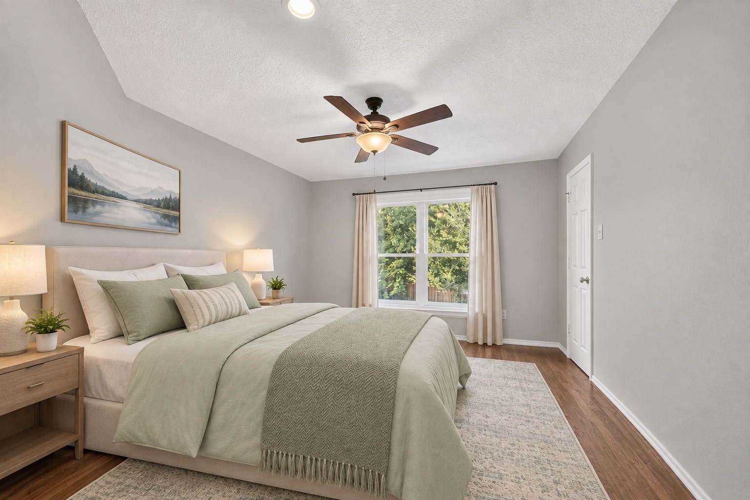 Filled with soft natural light, this charming second-level third bedroom boasts clean lines and versatile space, making it perfect for a nursery, kids' room, or creative studio. (virtual staged)