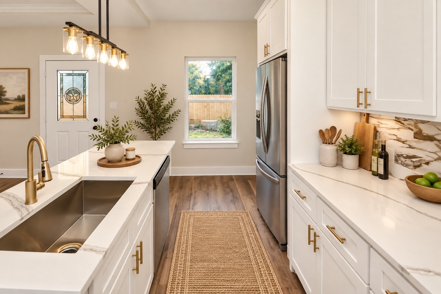The kitchen features quartz countertops, a spacious center island, pendant lighting, white soft-close cabinetry, and a decorative backsplash. Stainless steel appliances and modern fixtures complete the design. | Virtually Staged