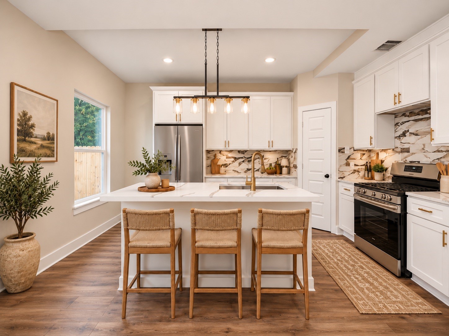 The kitchen combines white cabinetry, quartz countertops, contrasting hardware, and a decorative backsplash with stainless steel appliances, including an electric range, microwave, and dishwasher. | Virtually Staged