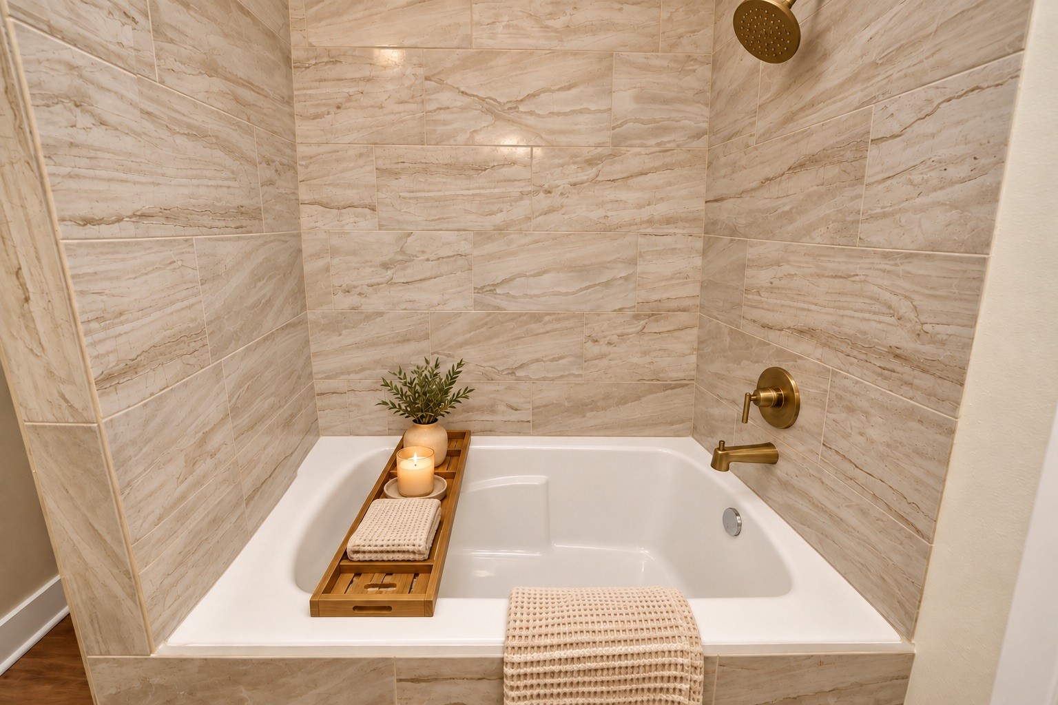 A closer look at the primary bathroom's soaking tub, surrounded by decorative tile and complemented by modern fixtures, offering a comfortable place to relax at the end of the day. | Virtually Staged