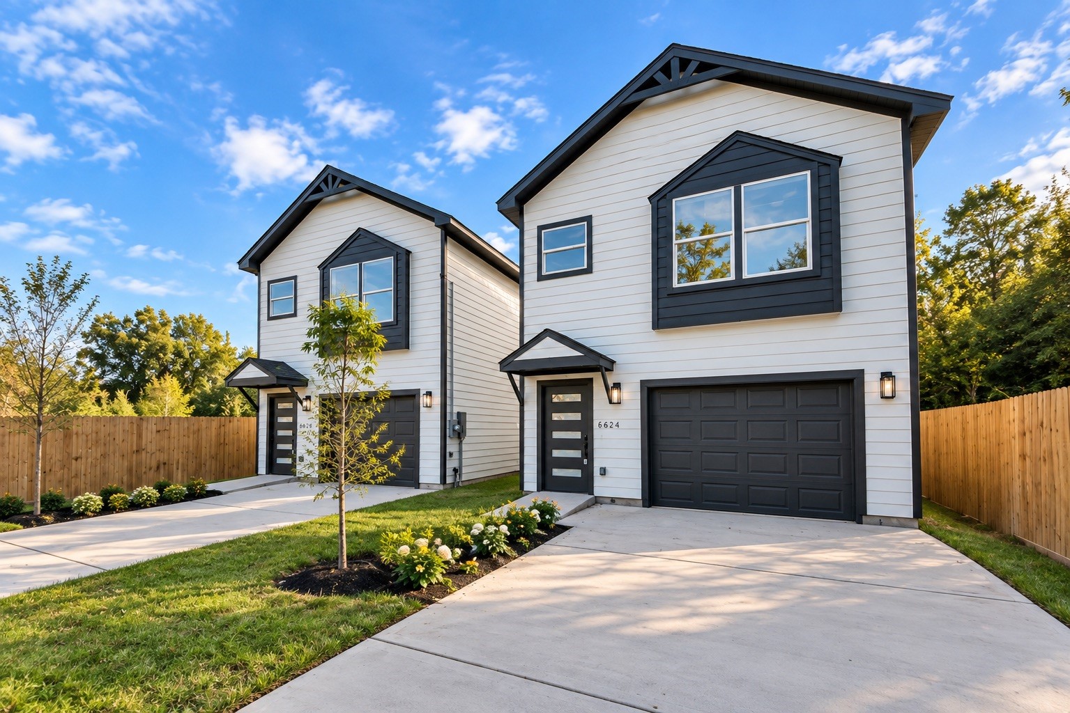 The home's modern farmhouse-inspired exterior combines cement board siding, stone accents, dark trim, and a welcoming covered entry. A private driveway leads to the attached 1-car garage.