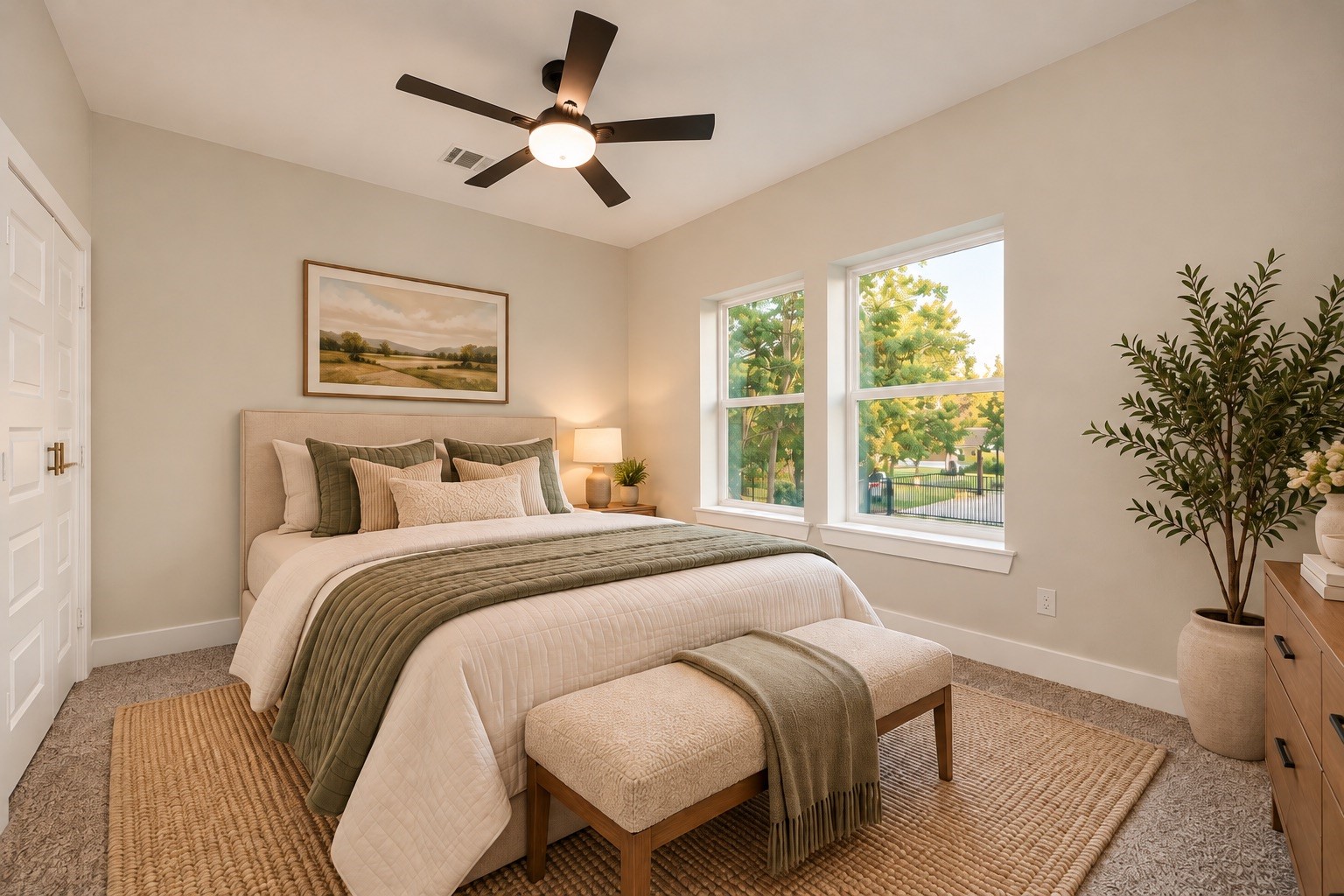 The final secondary bedroom measures approximately 13 x 11 feet and features a ceiling fan, natural light, and a comfortable layout. | Virtually Staged