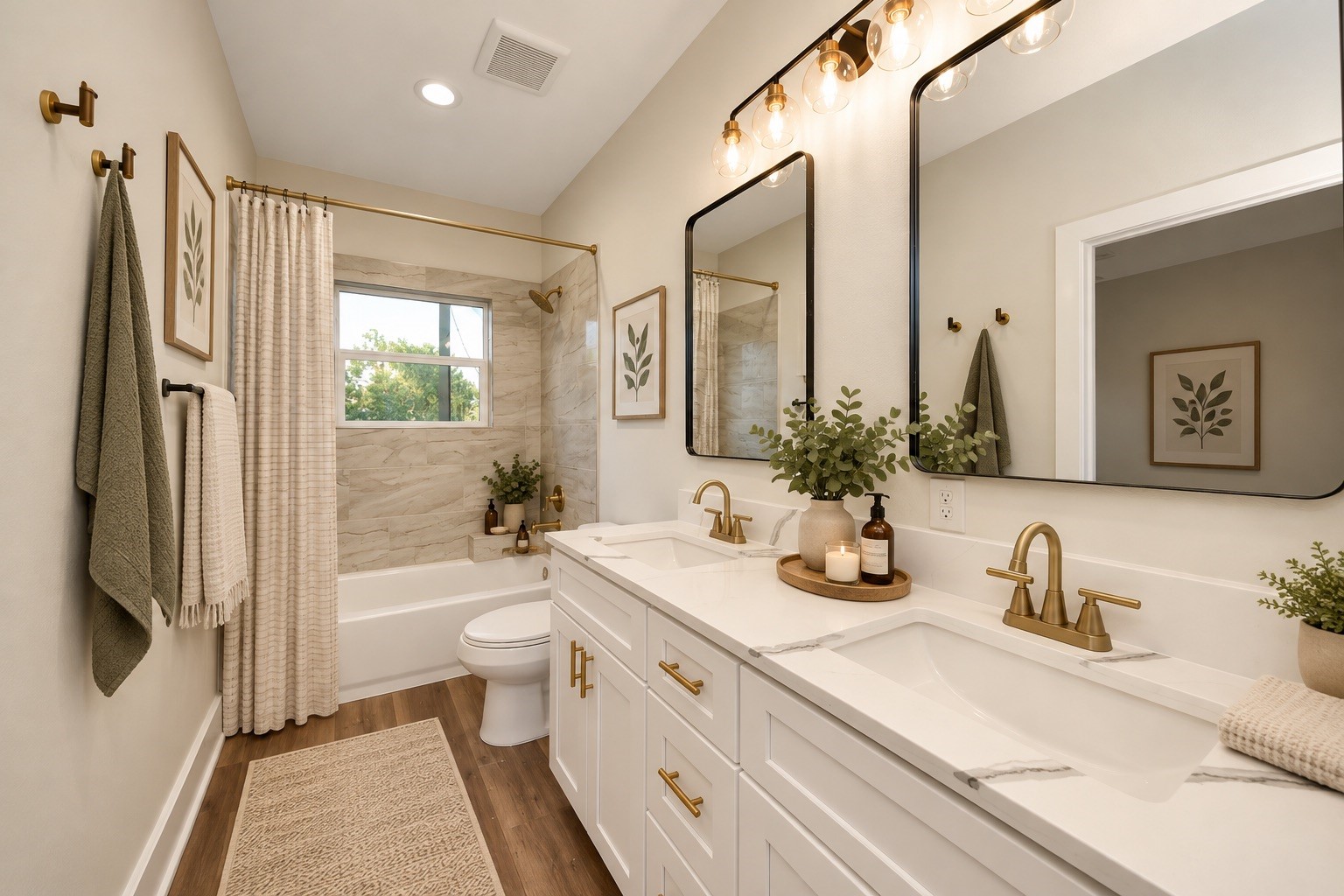 The upstairs bathroom serves the two secondary bedrooms and features dual sinks, quartz countertops, cabinet storage, and a tub and shower combination with a tiled surround. | Virtually Staged