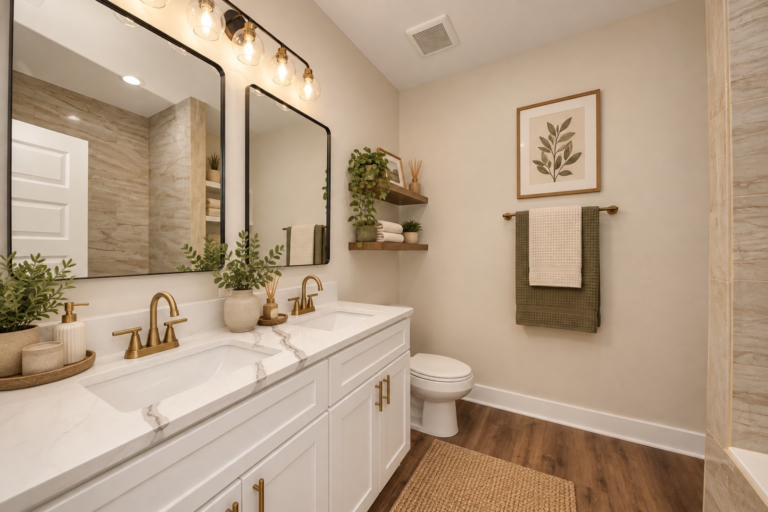 The primary bathroom features a dual-sink vanity with quartz countertops, modern fixtures, and ample cabinet storage. A soaking tub complete the private en-suite bathroom. | Virtually Staged
