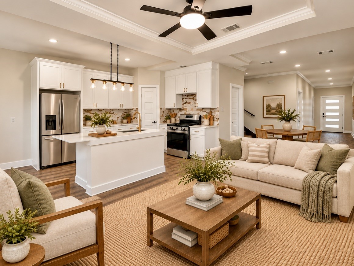 A wider view of the main living area highlights the seamless flow between the family room and kitchen. Luxury vinyl plank flooring, crown molding, and the spacious kitchen island bring the space together. | Virtually Staged