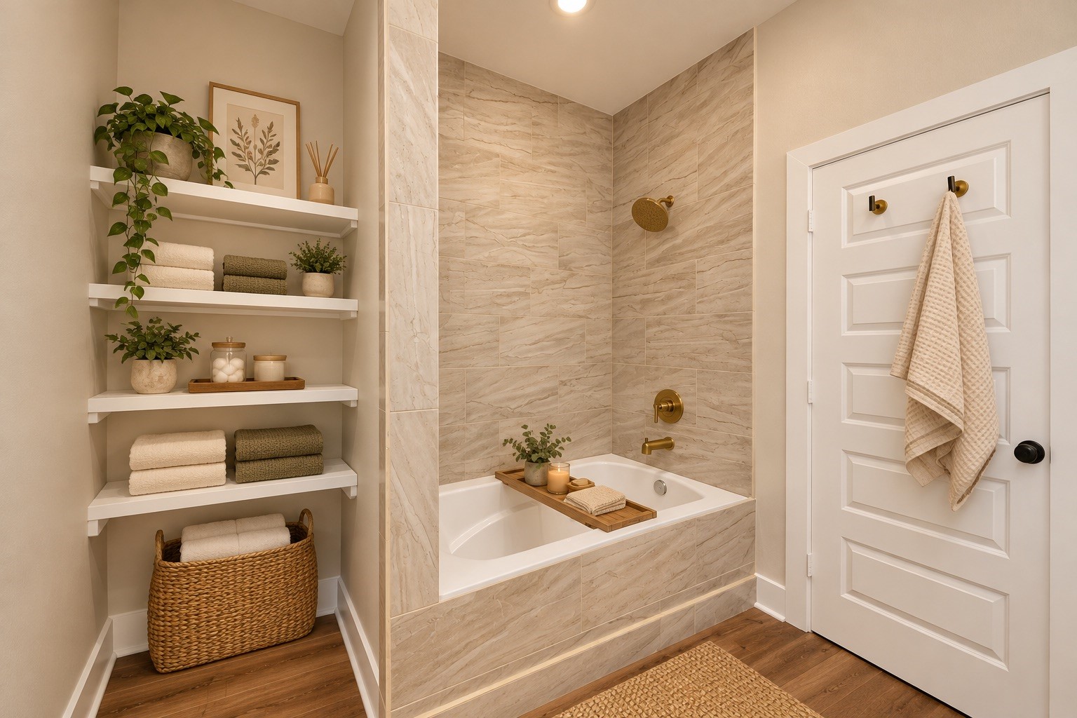 Another look at the primary bathroom highlights the separate soaking tub, decorative tile finishes, and built-in shelving, providing additional storage and a relaxing space to unwind. | Virtually Staged