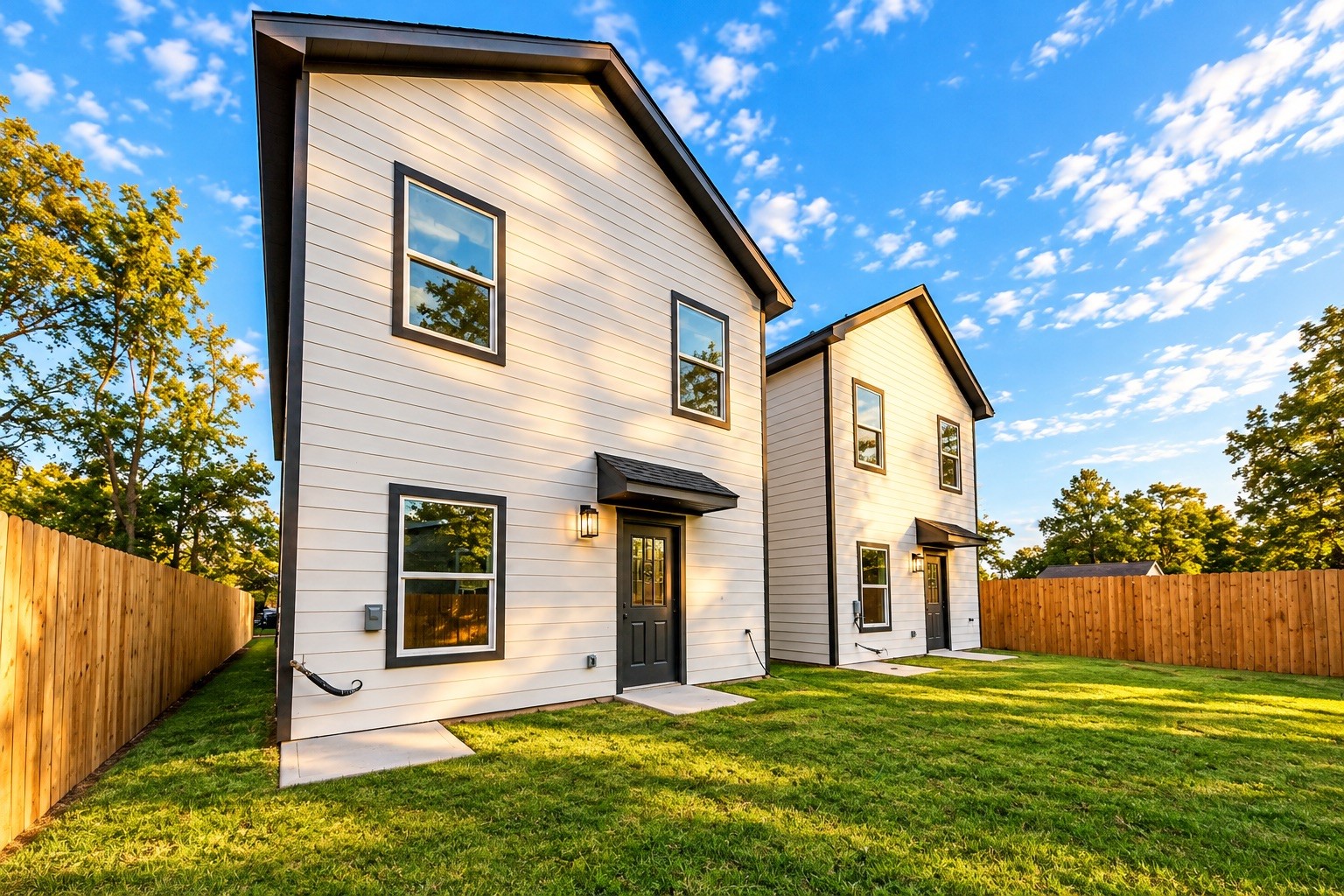 Another view of the backyard highlights the fully fenced outdoor area and the home's two-story rear elevation. The manageable yard provides room to enjoy the outdoors without extensive upkeep.