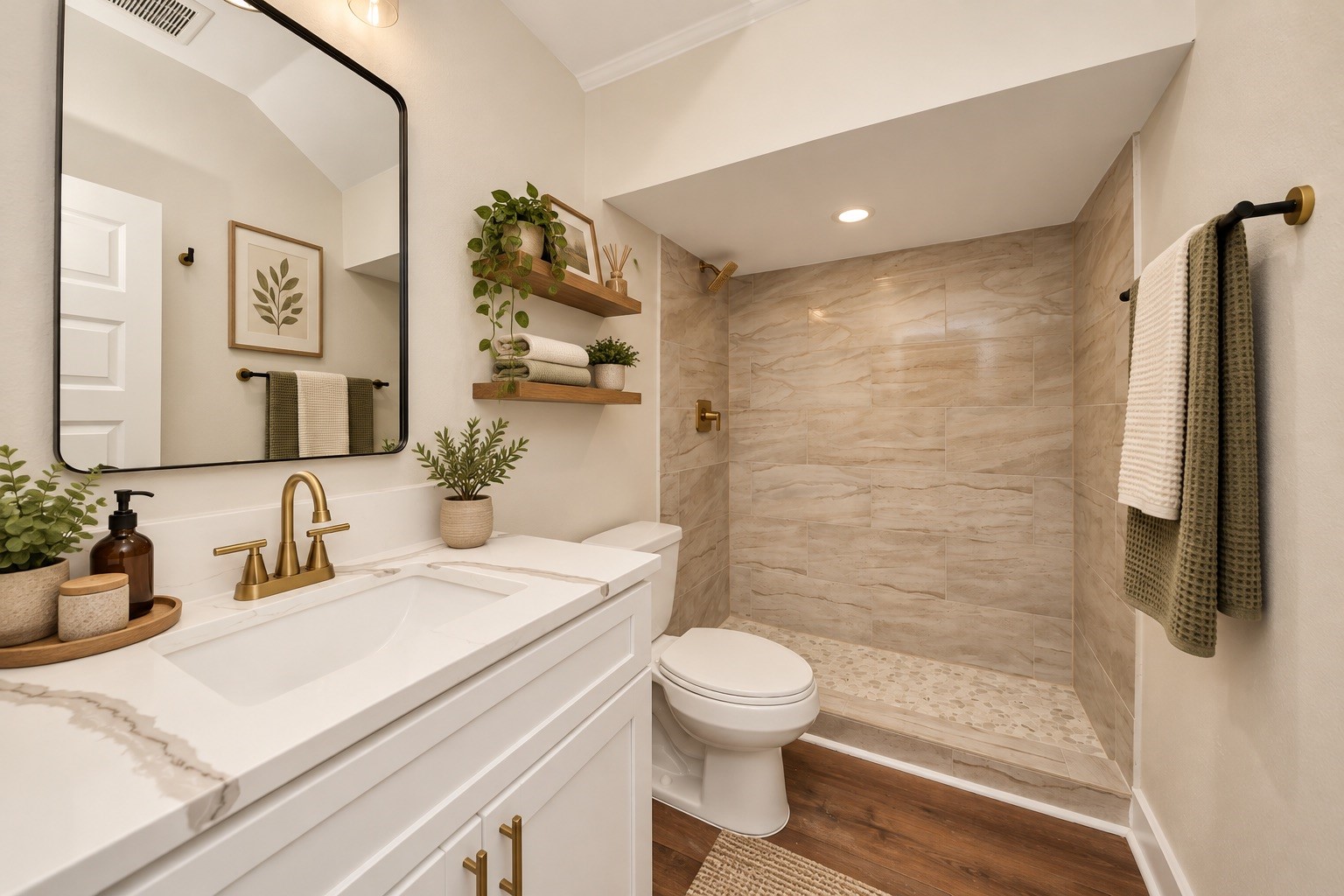 Conveniently located on the first floor, this full bathroom features a modern vanity and tiled walk-in shower, providing easy access from the main living areas without having to go upstairs. | Virtually Staged