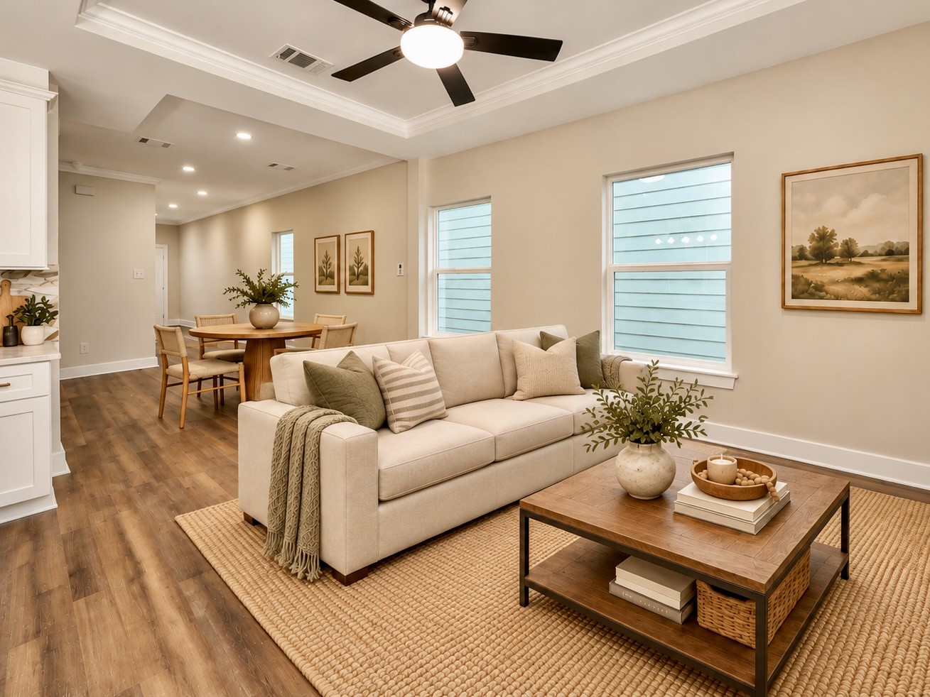 Looking back toward the family room, the open layout creates a natural connection between the kitchen, dining, and living areas. Nine-foot ceilings, luxury vinyl plank flooring, and recessed lighting enhance the spacious feel. | Virtually Staged