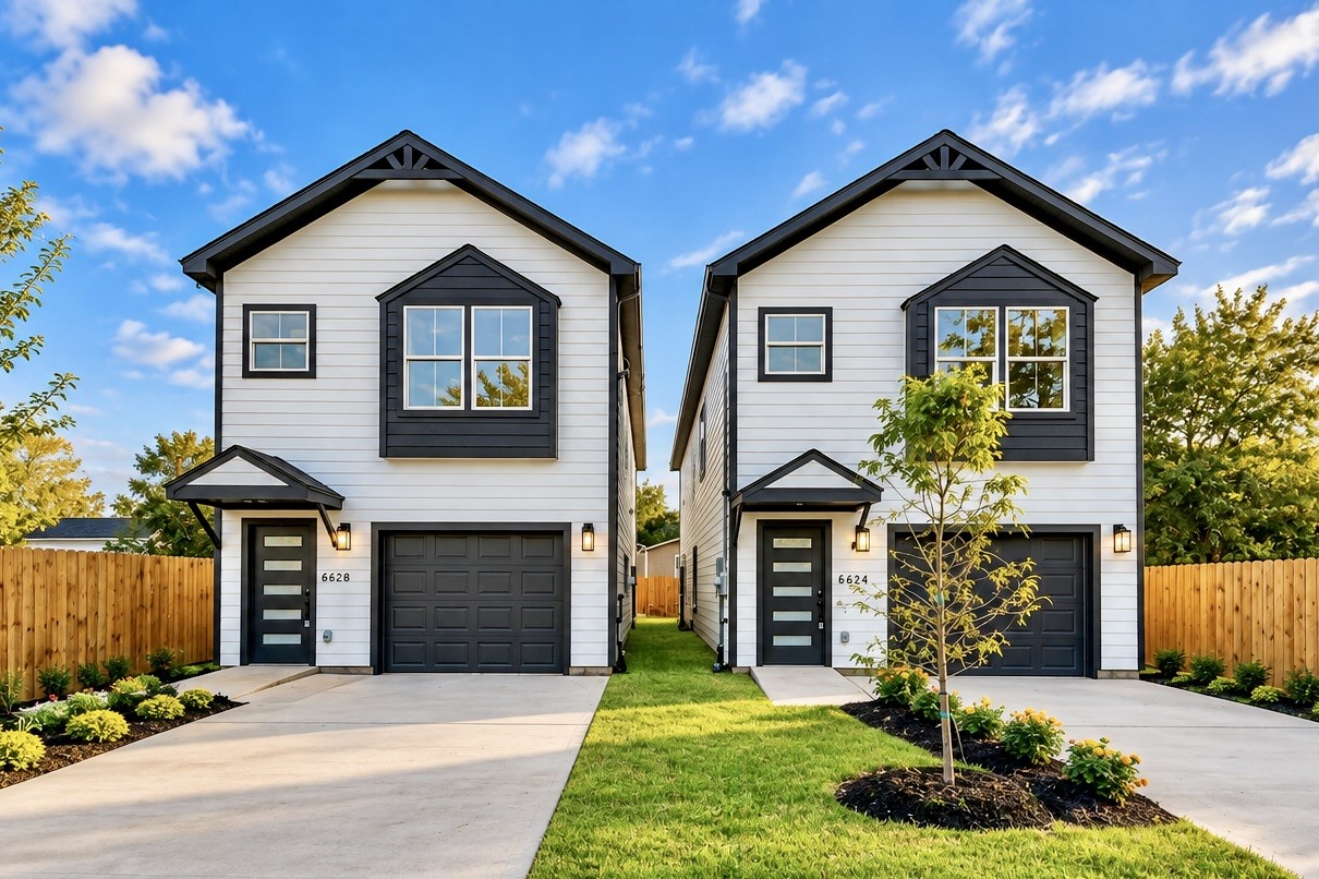Another look at 6624 and neighboring 6628 Nielan Street, two new homes featuring identical floor plans with contemporary finishes, contrasting exterior accents, and thoughtfully designed living spaces.