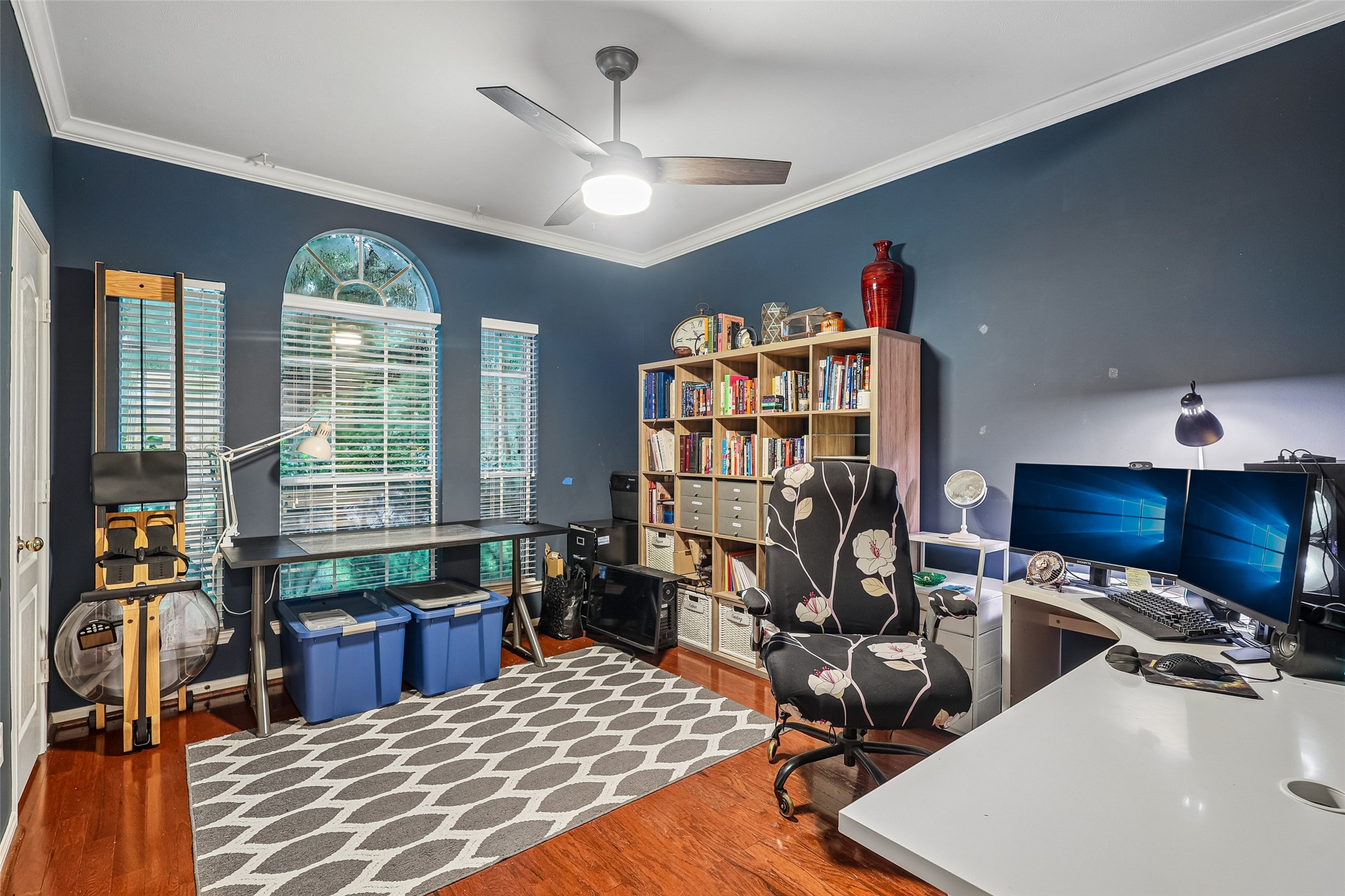 This home office features a cozy setup with hardwood floors, a navy accent wall, and a large arched window providing natural light. It includes ample shelving for books and storage, a modern desk with dual monitors, and an exercise area with a rowing machine.