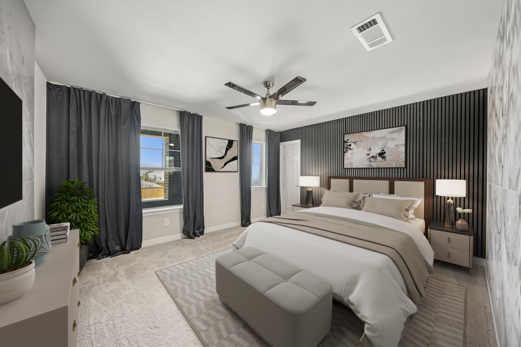 Virtually Staged: This spacious secondary bedroom features a striking black slat accent wall that adds a sophisticated, modern touch. Multiple windows provide abundant natural light, while plush carpeting and a contemporary ceiling fan enhance everyday comfort.