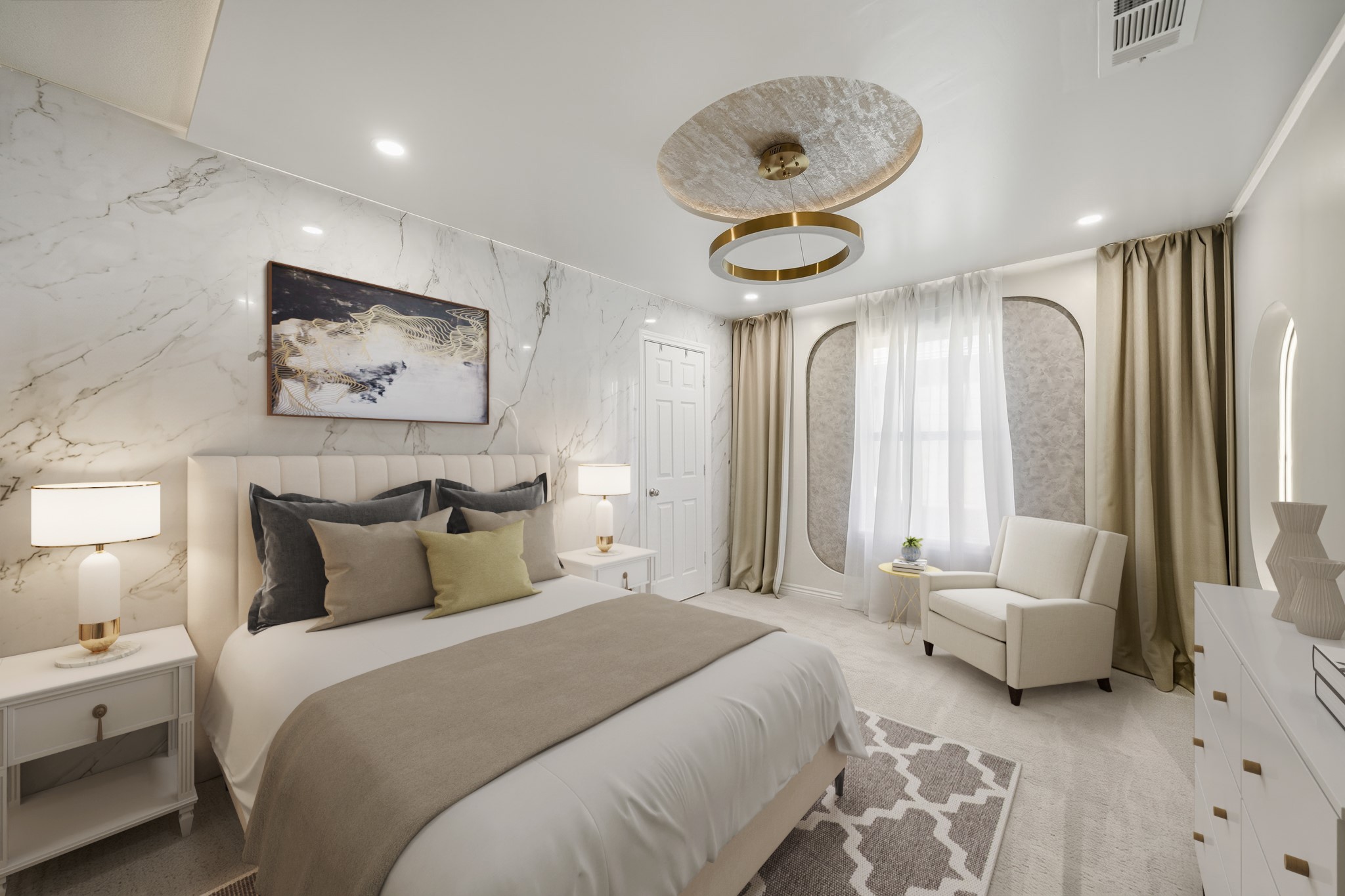Virtually Staged: This beautifully appointed secondary bedroom features elegant marble-inspired wall accents, recessed lighting, and a striking contemporary light fixture that creates an upscale feel. A large window brings in natural light, while plush carpeting and a neutral palette keep the space bright and inviting. The generous layout provides room for additional seating and storage, creating a comfortable and stylish retreat.