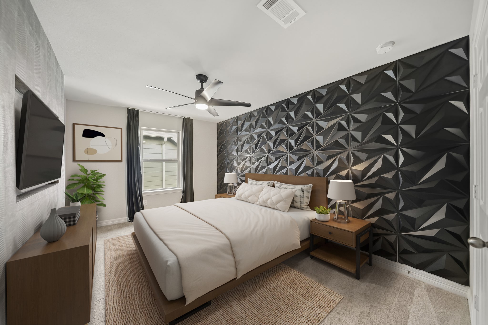 Virtually Staged: This stylish secondary bedroom features a bold geometric accent wall that adds a modern, distinctive touch to the space. Neutral carpeting, abundant natural light, and a ceiling fan create a comfortable atmosphere, while the well-proportioned layout offers plenty of room for a full bedroom setup.